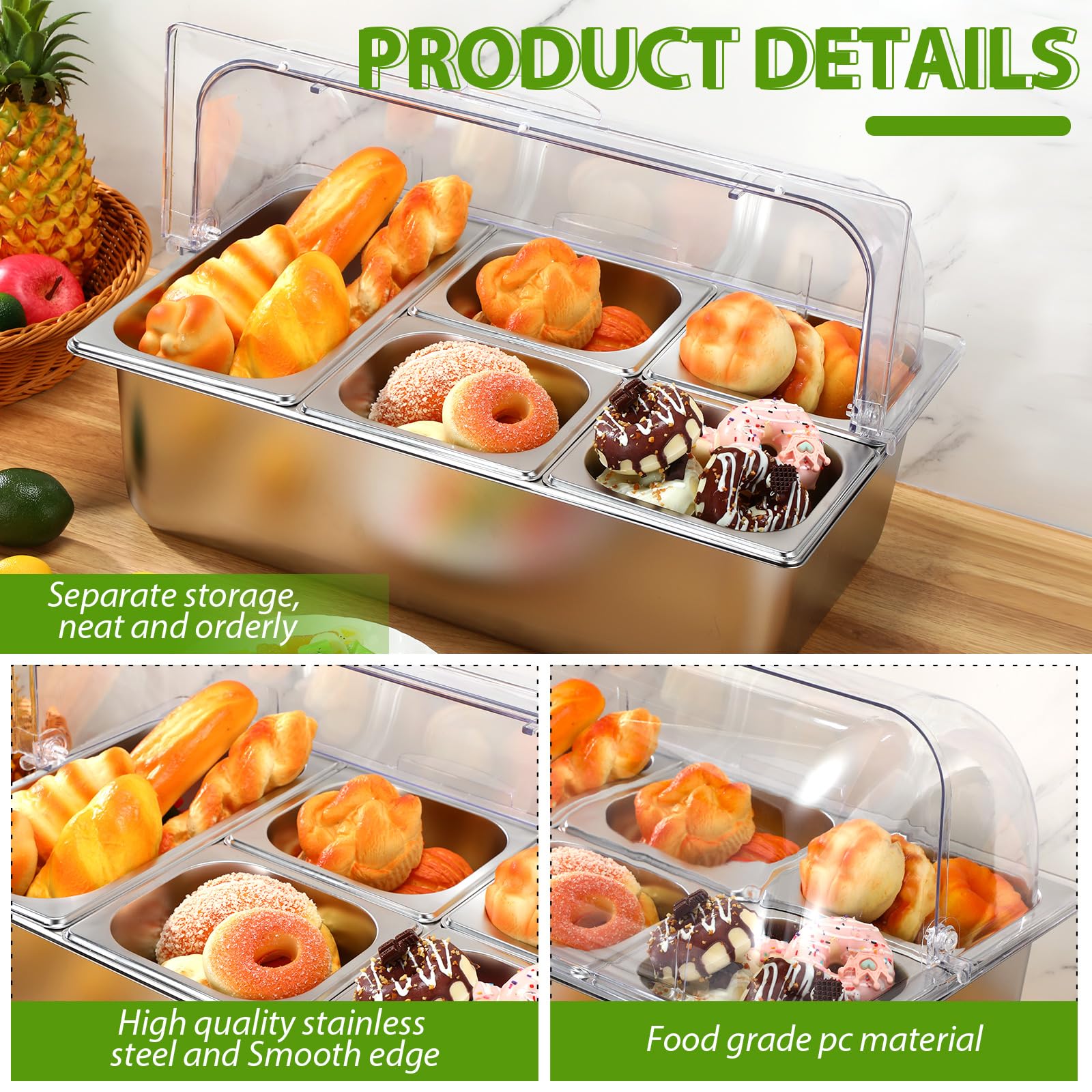 Stainless Steel Buffet Food Serving Tray with Clear Roll Top Cover - 5-Pan Countertop Display Container for Restaurants, Hotels & Parties | Perfect for Condiment Dispensing, Catering Events & Buffet Service
