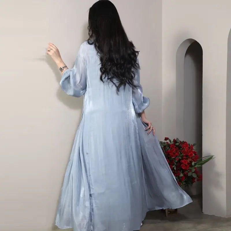 2 Piece Set Bright Satin Open Abaya Dress with Inner Sleeveless Dress - Muslim Prayer Dress, Eid Outfit, Ramadan Fashion, Modest Evening Wear for Women