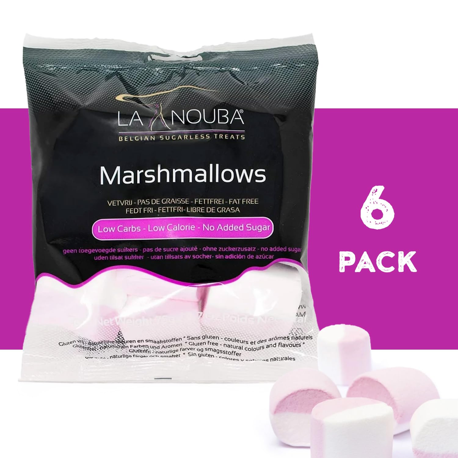 Sugar-Free Marshmallows 6 Pack (2.7 oz Each) - Low Calorie, Keto Friendly, Gluten Free, Fat Free Healthy Snacks - All Natural Ingredients with Delicious Traditional Flavor - Perfect for Camping, Baking, Hot Cocoa & Diabetic-Friendly Desserts