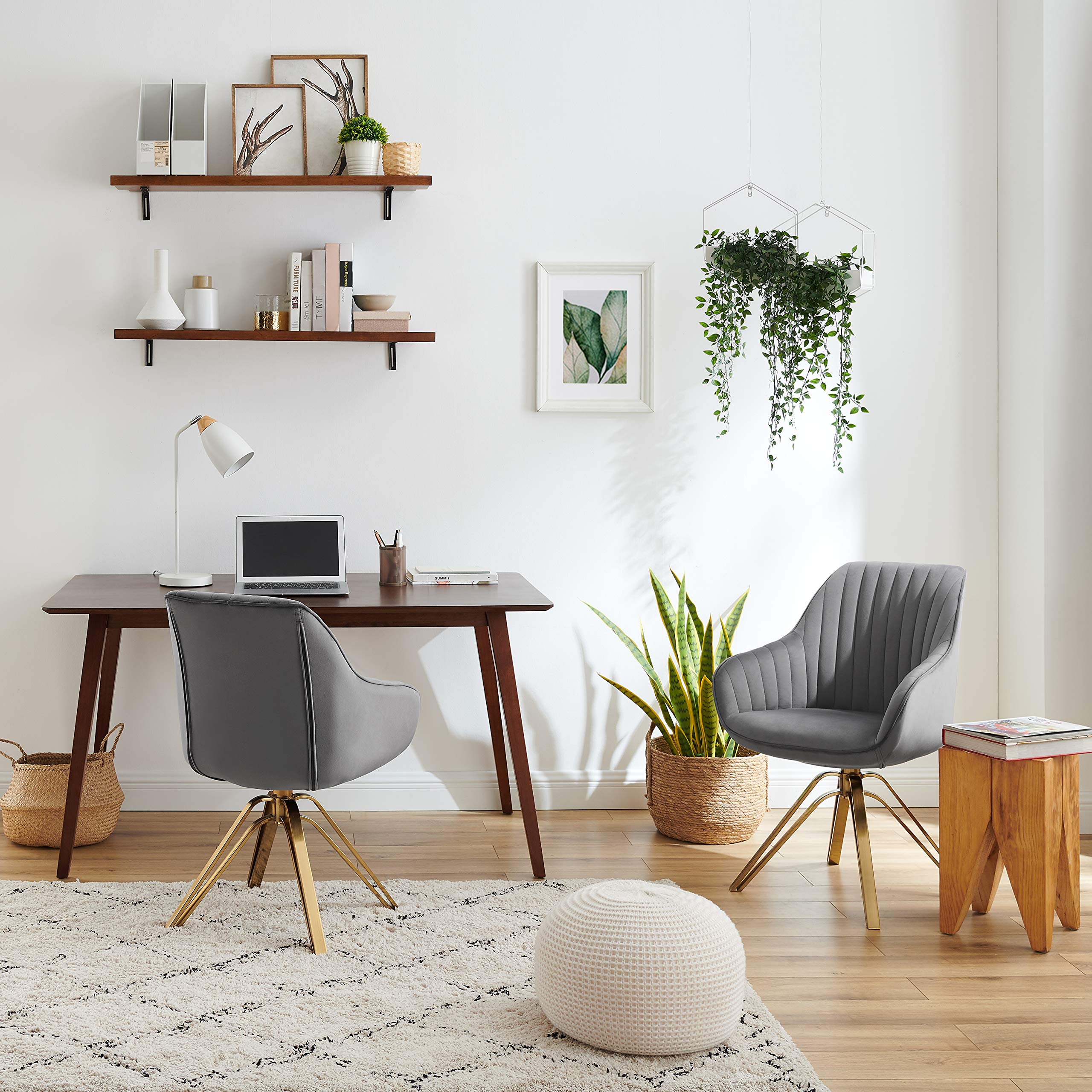 Volans Mid Century Modern Swivel Accent Desk Chair - Hollow Brushed Gold Plated Legs, Home Office Chair Without Wheels in Gray (Set of 2) - Perfect for Small Spaces, Reading Nooks & Modern Workspaces