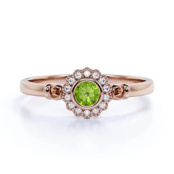 Natural Peridot Engagement Ring for Women - Vintage Rose Gold Vermeil & Art Deco Statement Silver Ring with Leaf Design - Unique Gemstone Jewelry for Anniversary Gifts, Wedding & Special Occasions