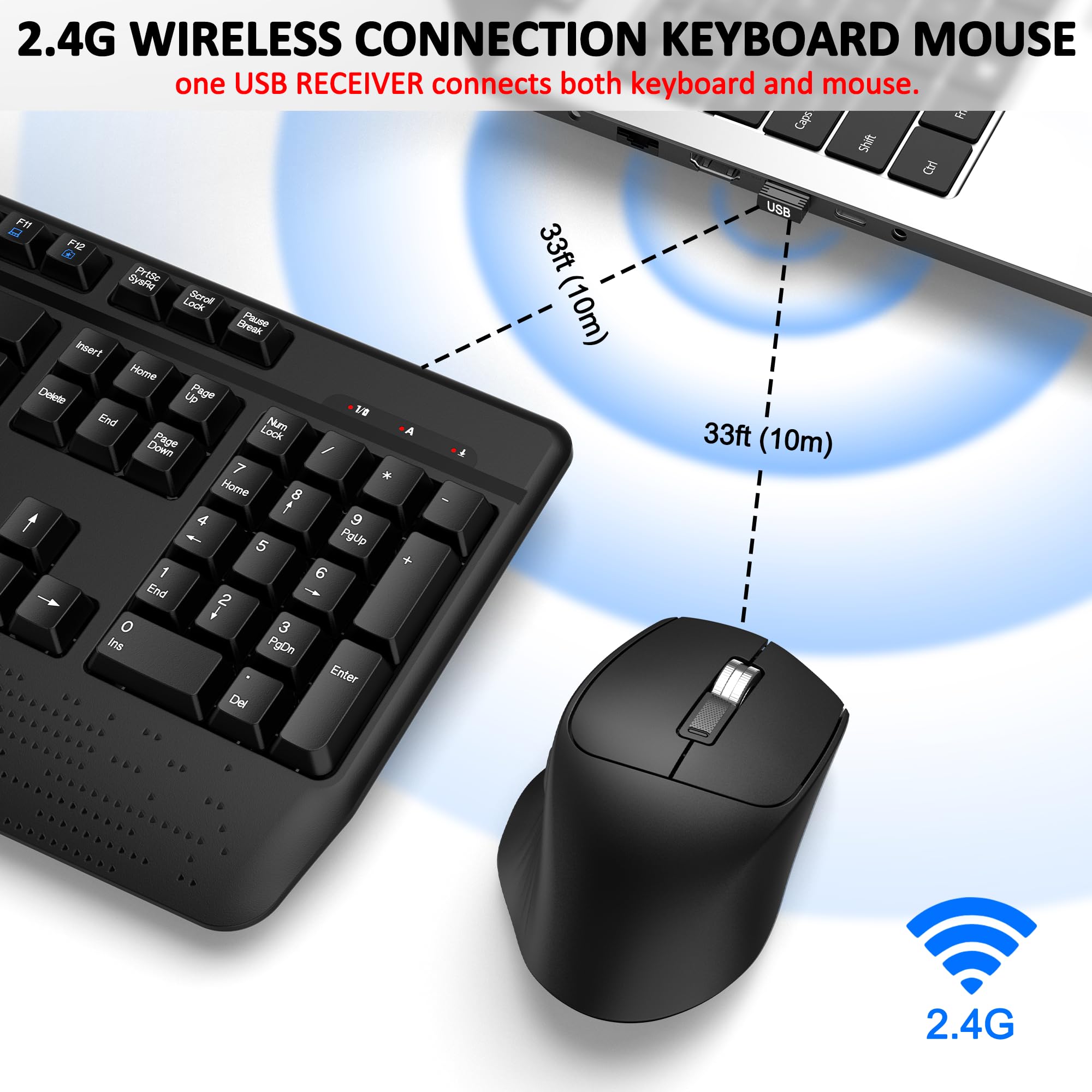 QUASIO Wireless Keyboard and Mouse Combo - Full Size Ergonomic Keyboard with Wrist Rest & 3-Level DPI Adjustable Optical Mouse for Windows/Mac, Compatible with PC, Laptop, Tablet - Perfect for Office, Gaming, and Home Use