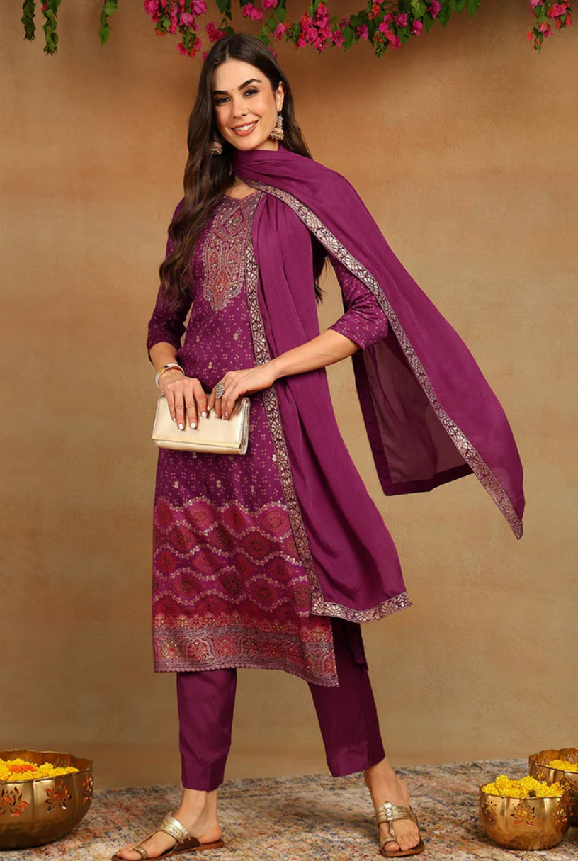 Purple Muslin Bandhani Woven Design Straight Trouser Suit Set for Women | Indian Ethnic Wear | Perfect for Festivals, Weddings & Special Occasions