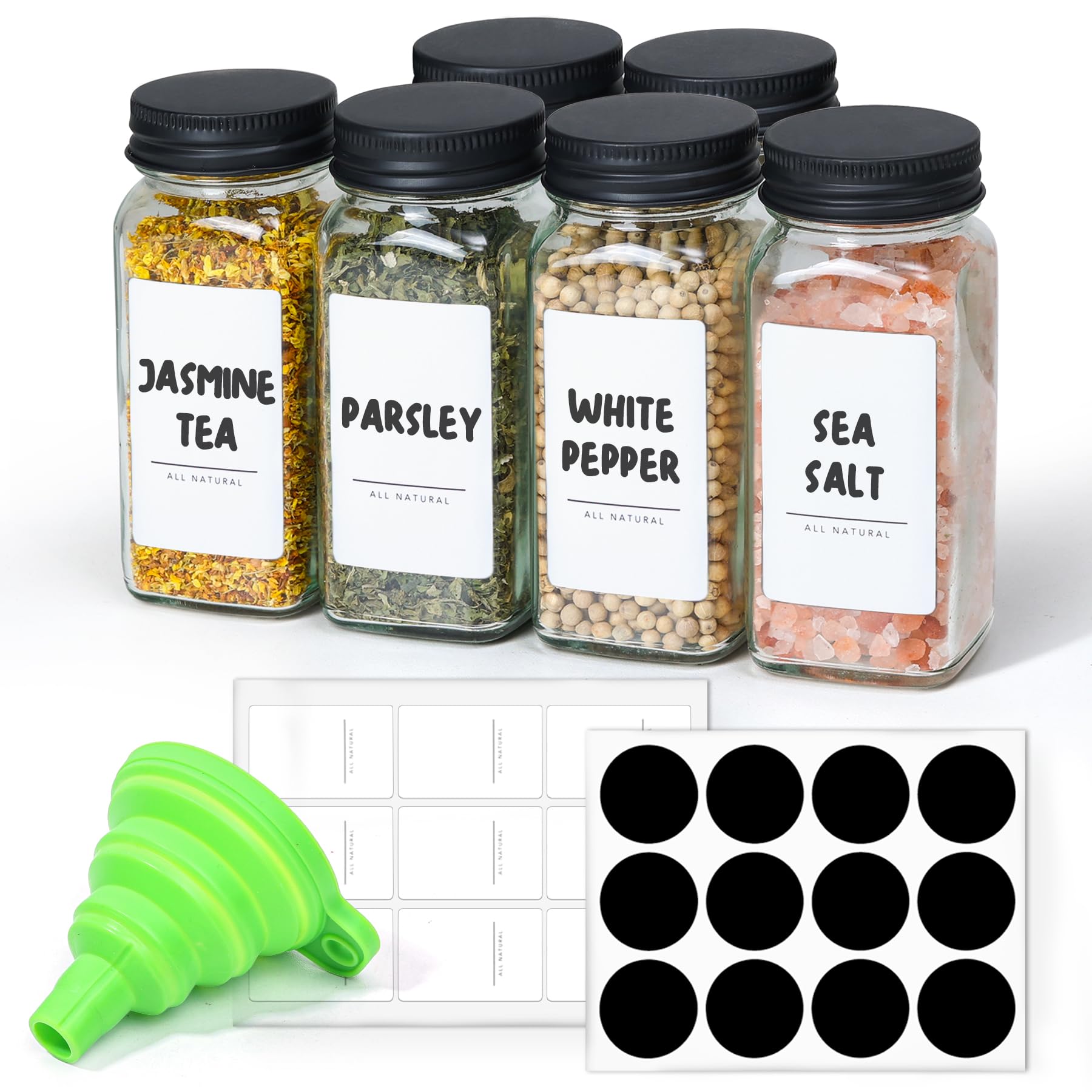 ComSaf 6-Piece 4oz Glass Spice Jars with Shaker Lids - 21 Pre-Printed Labels - Empty Square Spice Bottles for Kitchen, Seasoning & Supplement Storage - Perfect for Organizing Herbs, Spices, Coffee, Tea & DIY Beauty Products