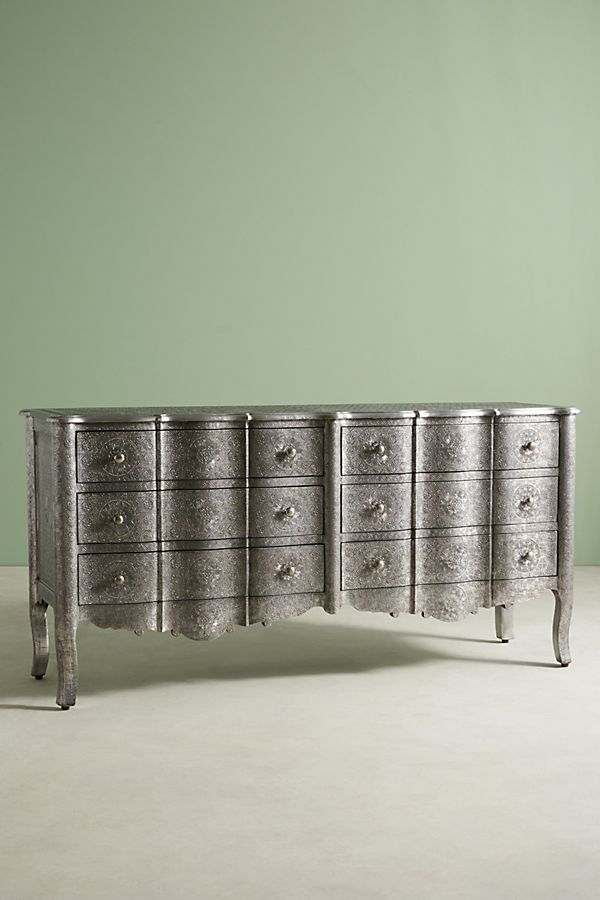Hand Embossed 6-Drawer Dresser - Silver Metal Indian Style Chest of Drawers for Bedroom Storage & Home Decor