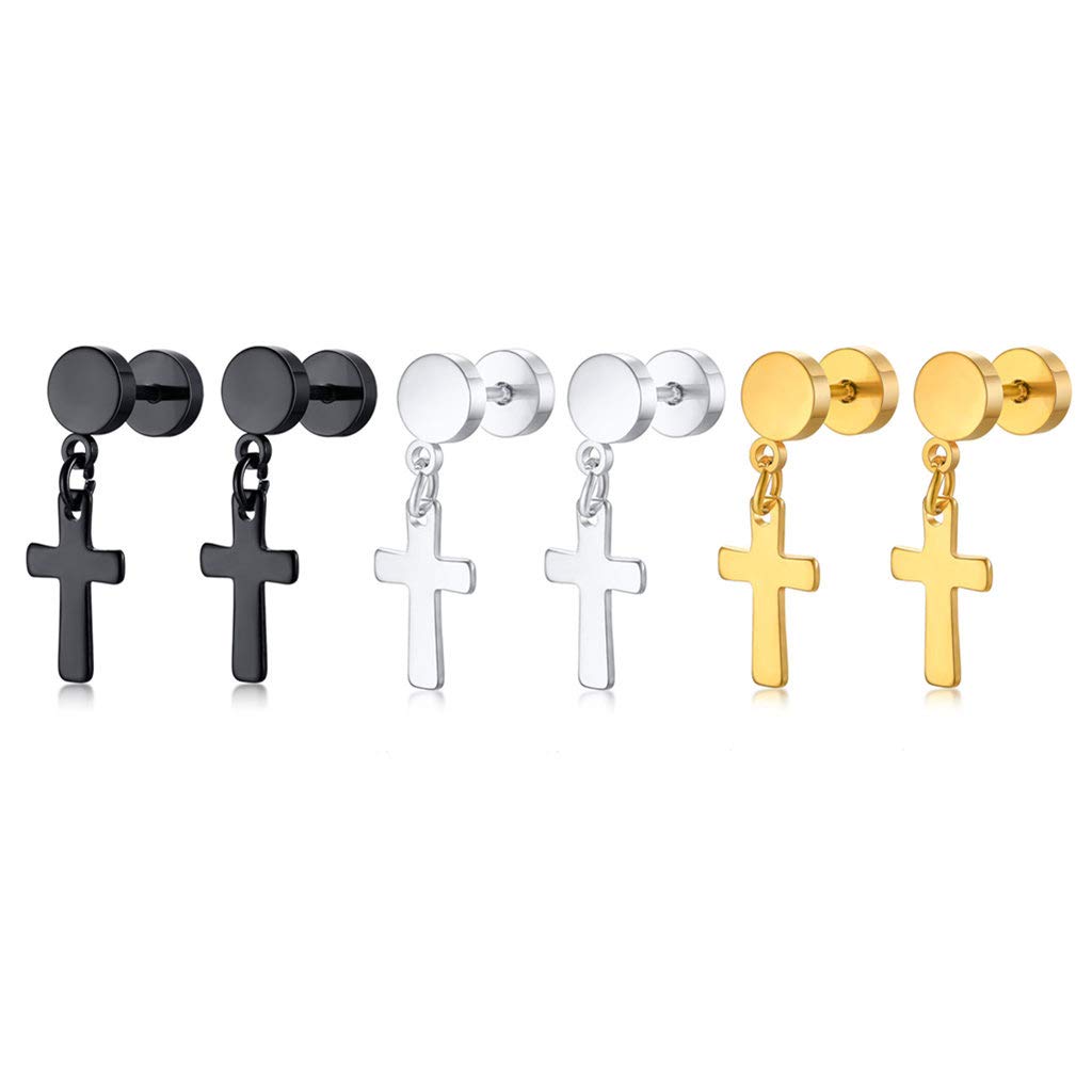 3 Pairs Stainless Steel Cross Earrings for Men & Women - Screw Stud, Dangle Hoop & Gauges - Perfect for Everyday Wear, Parties & Gifts