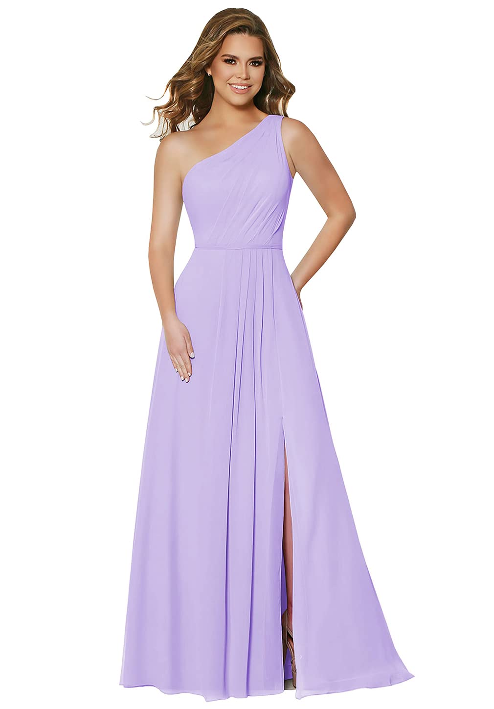 Amdieu Women's Elegant One Shoulder Bridesmaid Dress - Long Chiffon Ruched Formal Evening Gown with High Slit | Perfect for Weddings, Proms & Special Occasions