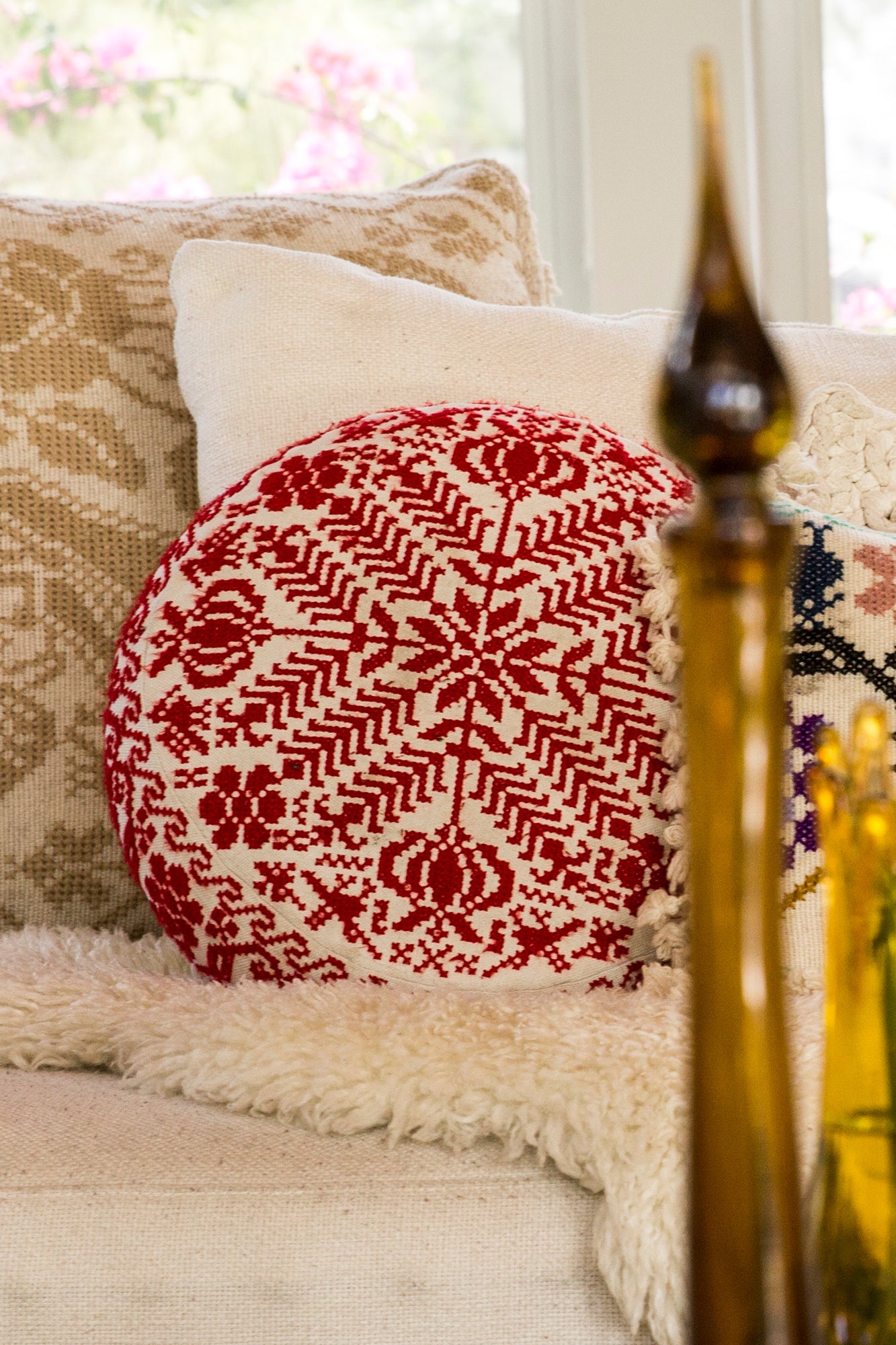 Handmade Cross Stitch Yoga Pillow Cover - Boho Home Decor for Meditation, Living Room & Bedroom - Premium Cotton Fabric with Floral Design