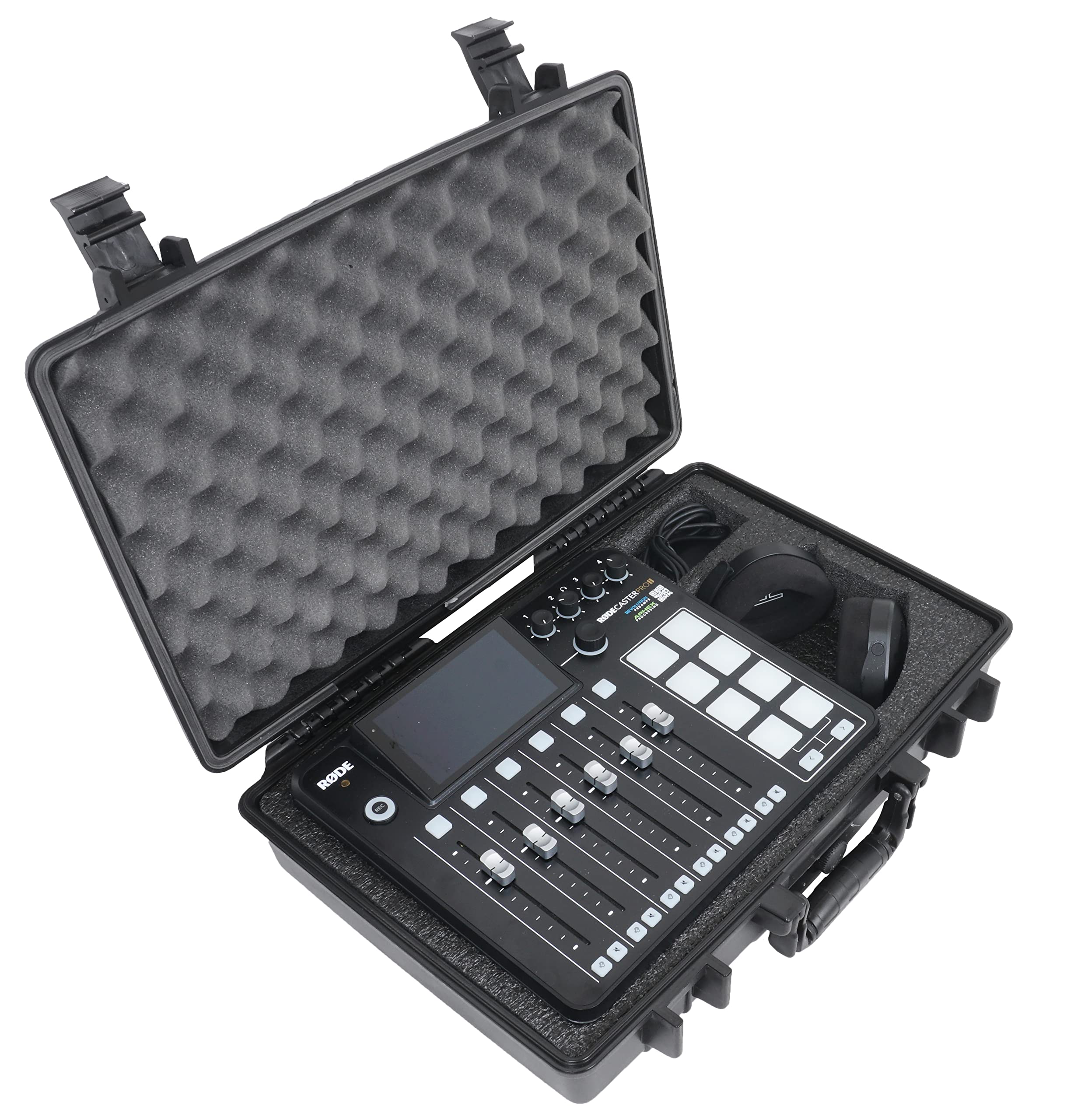 Professional RODECaster Pro 2 Travel Case - Heavy Duty Waterproof Mixer & Podcast Carry Case with Shock Absorbing Foam - Fits NTH 100 Headphones & Cables - Perfect for Studio Recording, Live Streaming & Travel Protection