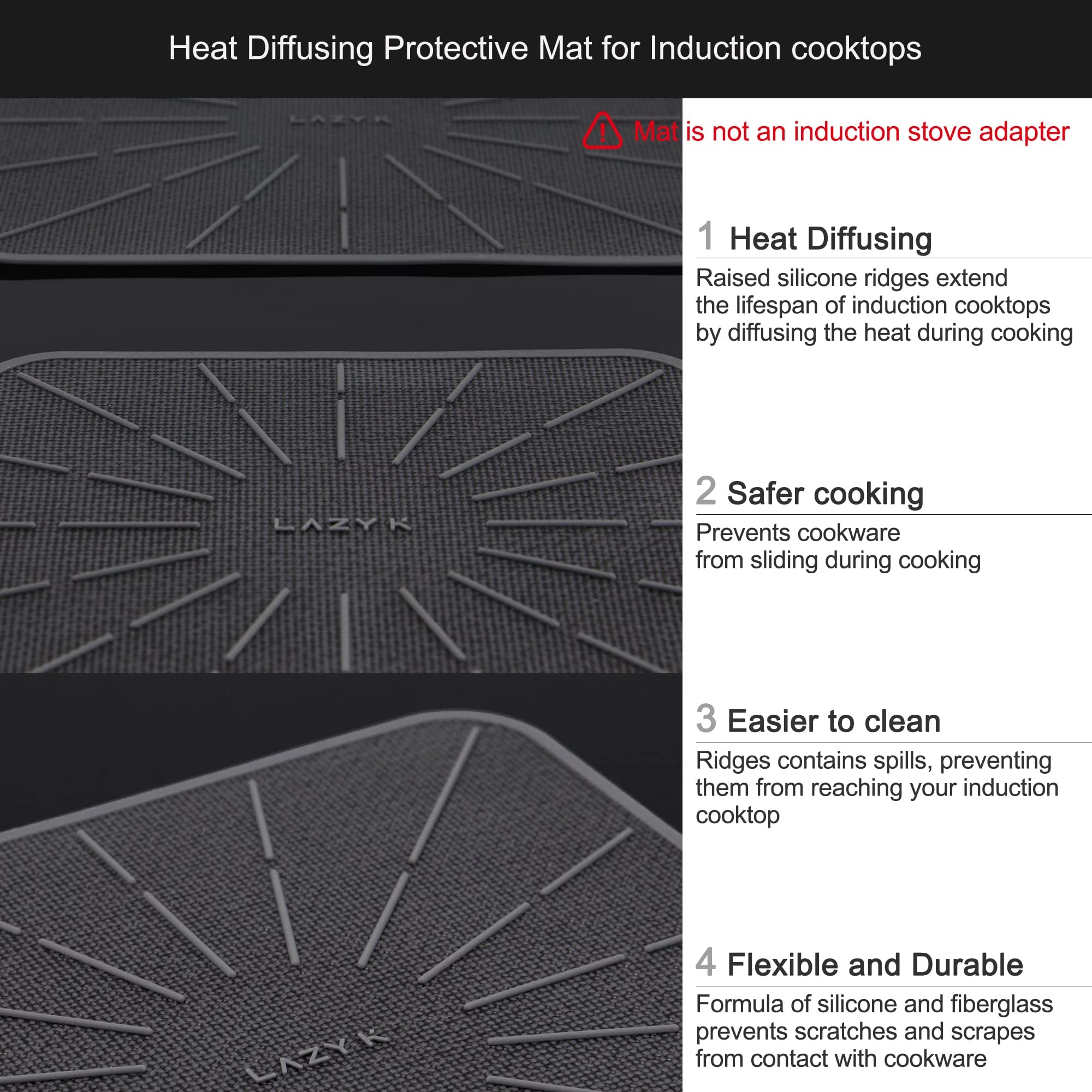 Non-Slip Silicone Fiberglass Induction Cooktop Mat - Magnetic Stove Protector - Prevents Pots from Sliding While Cooking - 7.4 Inch Square Black - Perfect for Kitchen Safety & Easy Cleaning