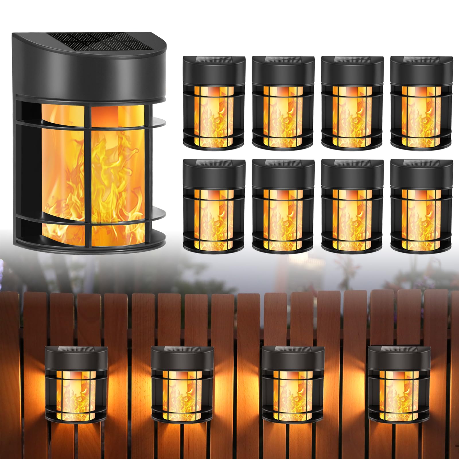 Upgraded 8 Pack Waterproof Solar Fence Lights - Flickering Flame Effect Outdoor Solar Lights for Deck, Yard, Garden & Pathway Lighting | Weatherproof & Energy Efficient Landscape Lighting