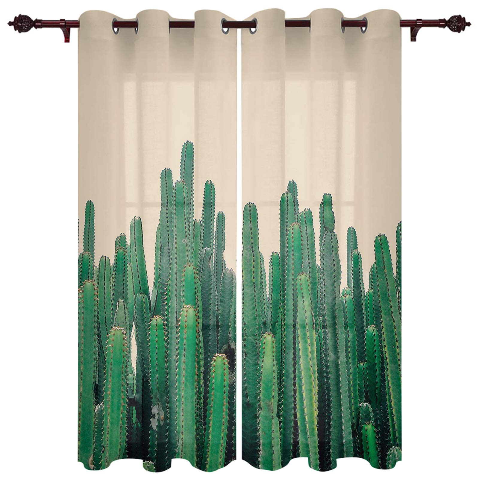 LooPoP Cactus Window Curtains with Grommets - 2 Panels Tropical Green Plant Aesthetic Drapes for Kitchen, Bedroom, Bathroom & Office - Perfect for Boho Home Decor & Desert-Themed Interior Design