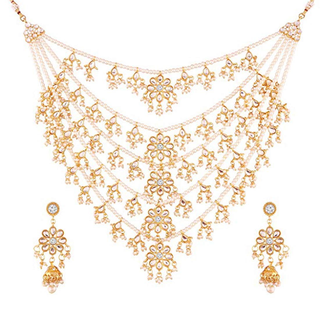 Elegant Aheli Multi-Layered Faux Pearl Beaded Kundan Necklace Set with Dangle Earrings | Indian Bollywood Style Jewelry for Women | Perfect for Weddings, Parties & Ethnic Fashion