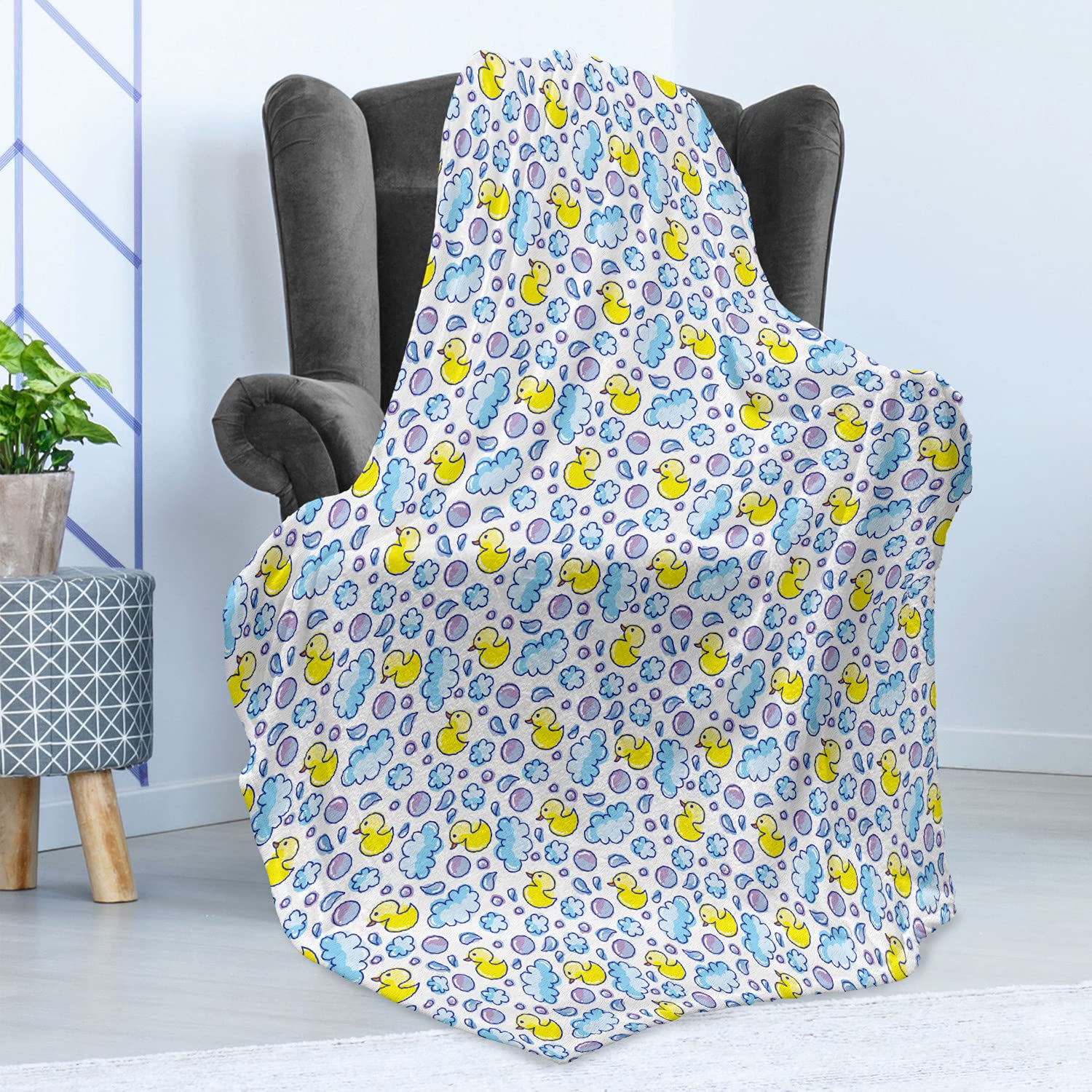 Ambesonne Cartoon Throw Blanket - Washing Time Themed with Soap Bubbles, Water Droplets & Duck Pattern | Soft Flannel Fleece Accent Blanket for Couch, Sofa or Bed | 50
