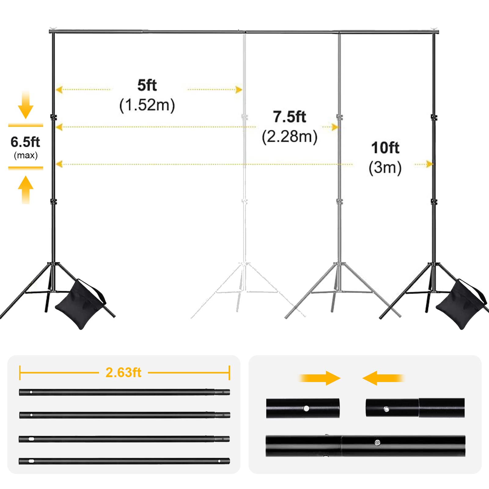 6.5x10ft Adjustable Backdrop Stand Kit for Party Decorations, Baby Showers & Photography - Includes Spring Clamps, Backdrop Clips, Sandbag & Carrying Bag - Perfect for Events, Weddings, and Photo Studios