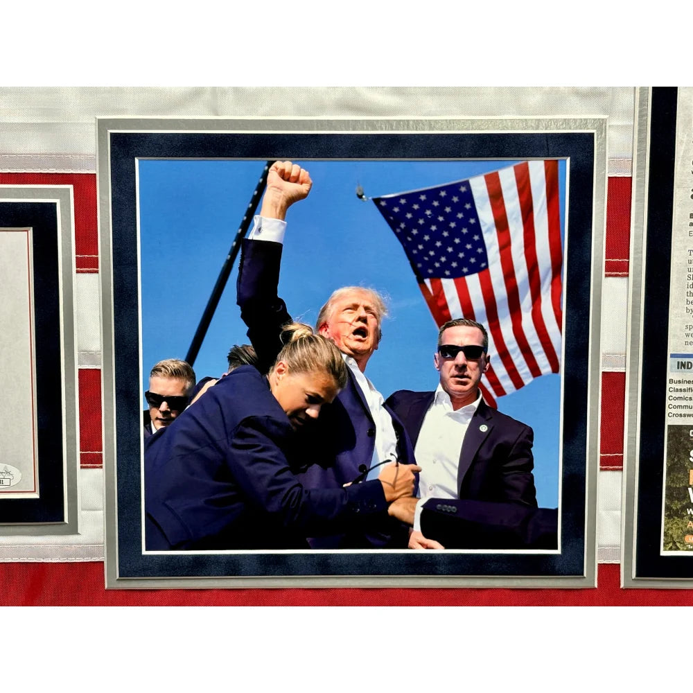 Authentic Donald Trump Autographed USA Flag Framed with Butler PA Newspaper - JSA Certified Assassination Attempt Memorabilia - Perfect for Political Collectors & Patriotic Home Decor