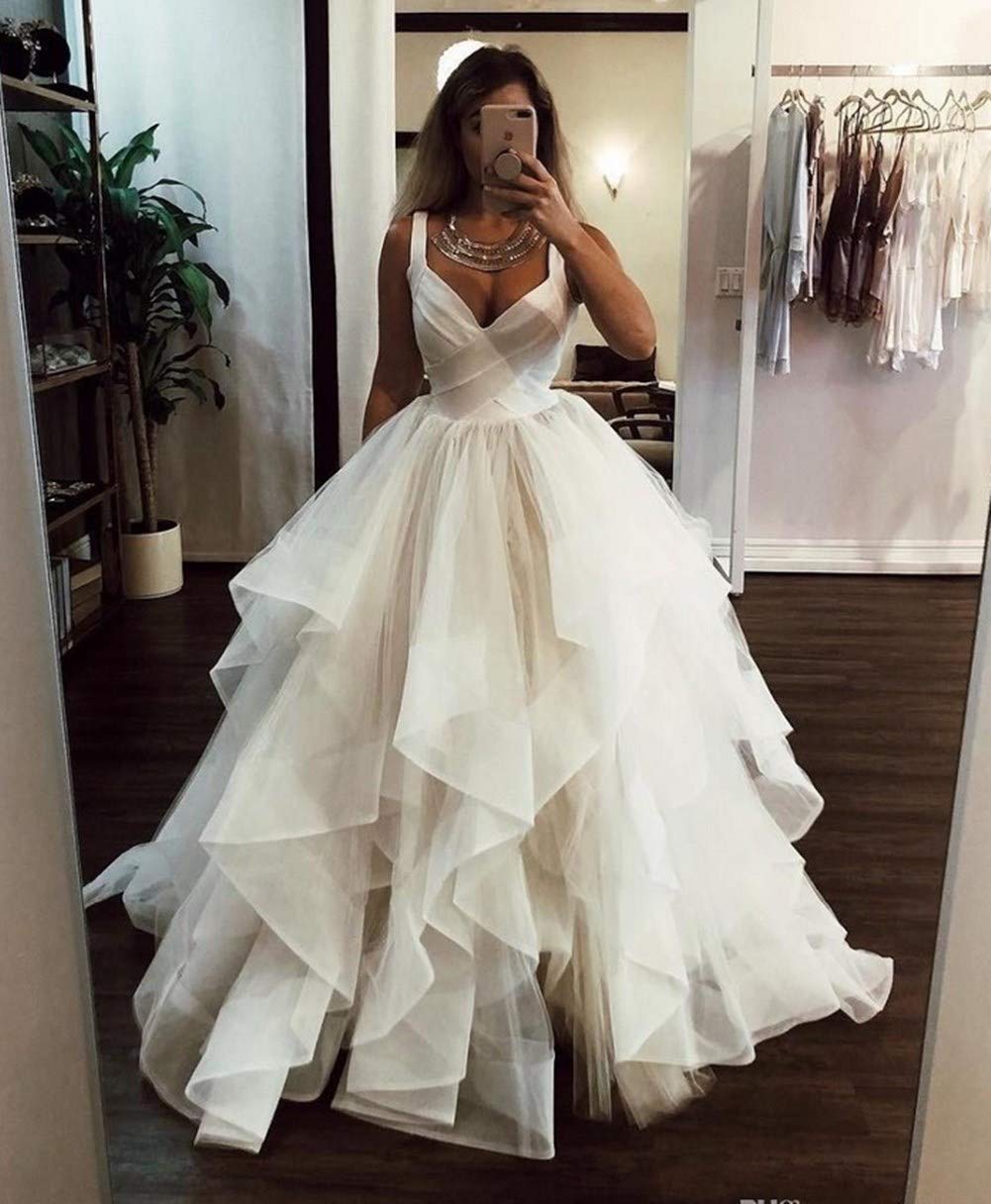 Emanni Women's Light Pink Organza Ruffles Sleeveless Ball Gown Wedding Dress for Bride - Perfect for Beach Weddings, Garden Ceremonies & Formal Evening Receptions