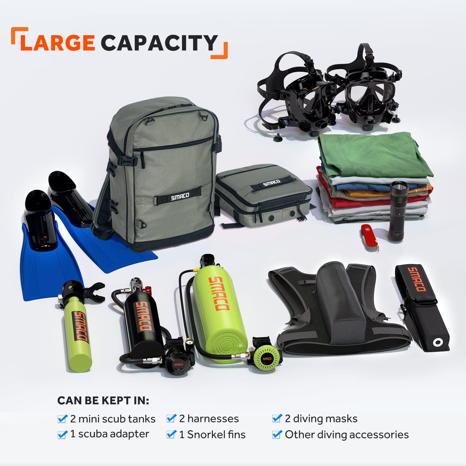SMACO Scuba Diving Backpack with Detachable Small Bag - Waterproof Travel Backpack for Scuba Gear, Mini Tanks, Diving Mask, Snorkel & Fins - Perfect for Dive Trips, Beach Vacations & Water Sports