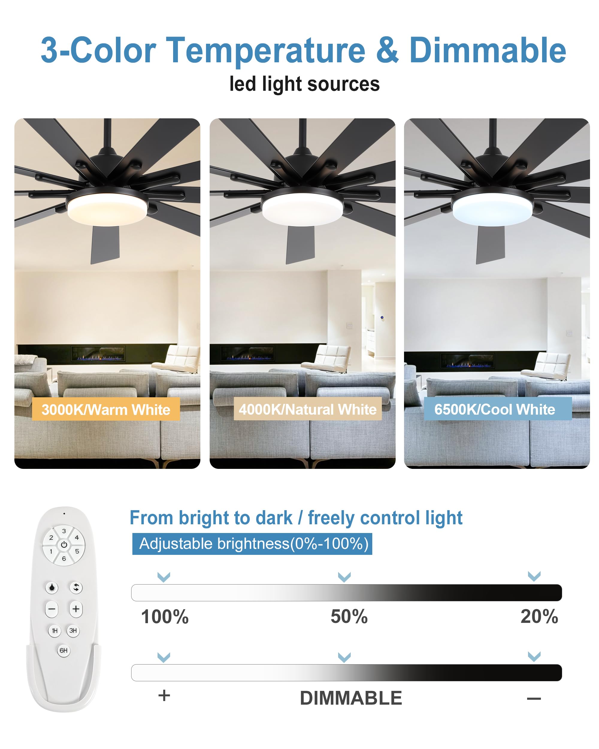 72 Inch Large Ceiling Fan with Lights and Remote Control - 9 Wooden Blades, Black - Quiet 3 CCT Dimmable LED, 6 Speed Adjustable - Perfect for Living Room, Bedroom, Patio, and Outdoor Spaces
