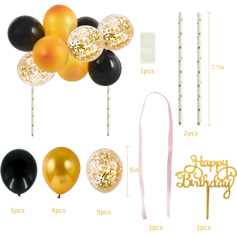 BEISHIDA 5 Inch 10pcs Black Gold Balloon Cloud Cake Topper Set - Happy Birthday Mini Balloon Garland with Letter Decorations - Perfect for Birthday Cakes, Cupcakes, Dessert Tables & Party Decorations