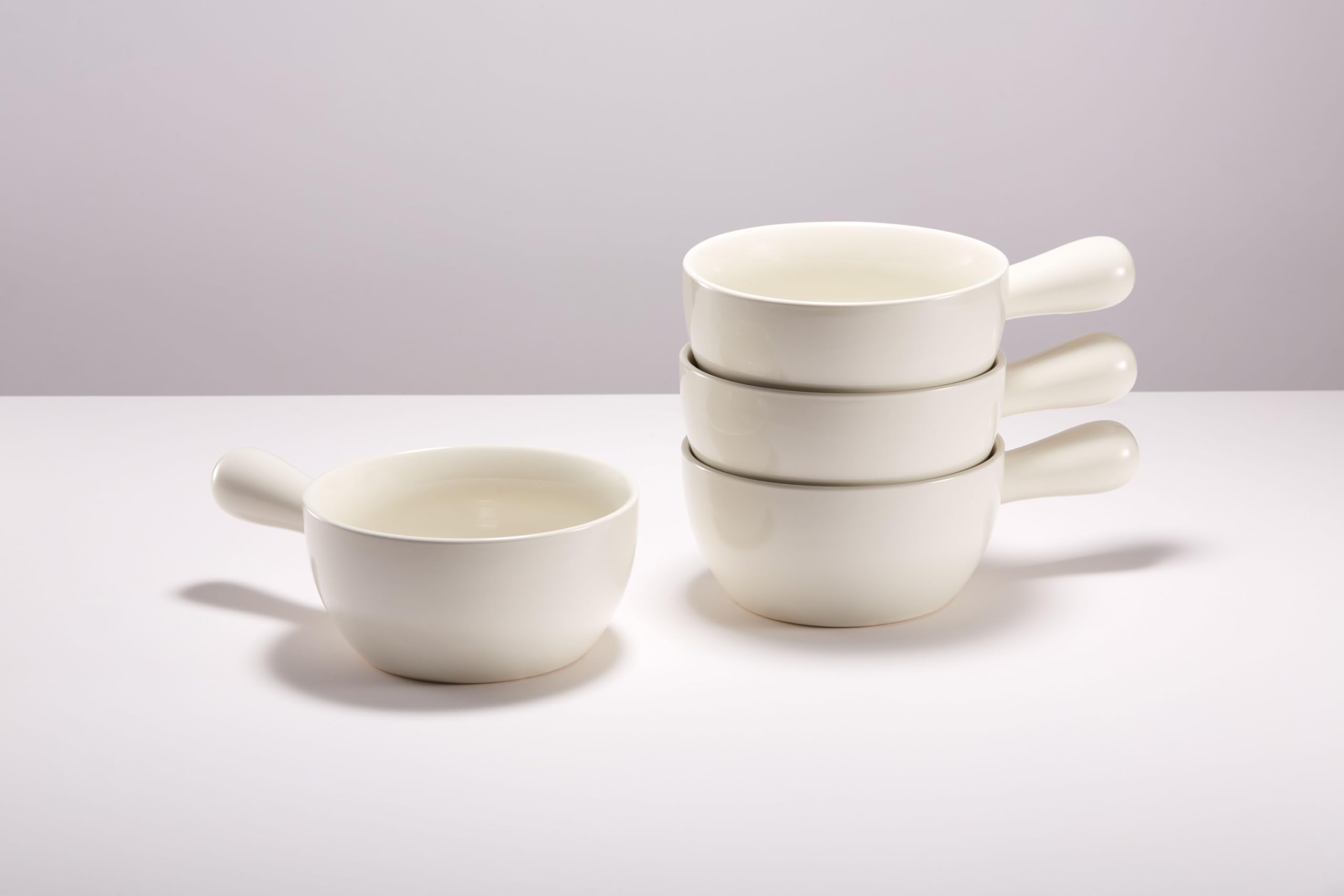 KooK French Onion Soup Crocks Set of 4 - 24oz Stackable Ceramic Bowls with Handles, Oven Safe, Microwave & Dishwasher Safe Stoneware - Perfect for Soups, Cereal, Casseroles, Baking & Serving - Elegant White Dinnerware for Restaurants & Home Dining