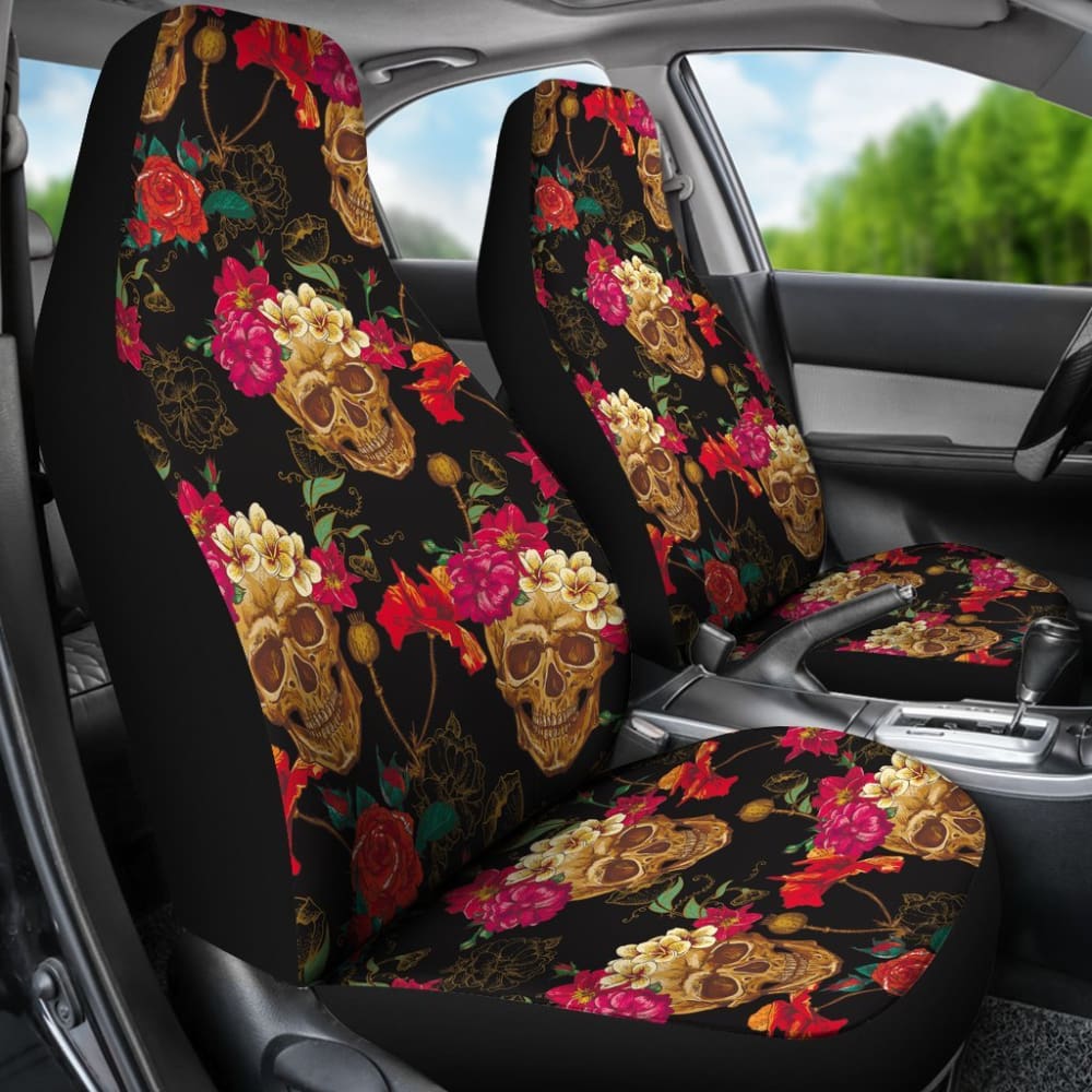 2 Pcs Floral Sugar Skull Day of The Dead Car Seat Covers - Mexican Style Decor for Halloween, Dia de Los Muertos Celebration & Car Interior Protection (Use for Cars, Trucks, SUVs)