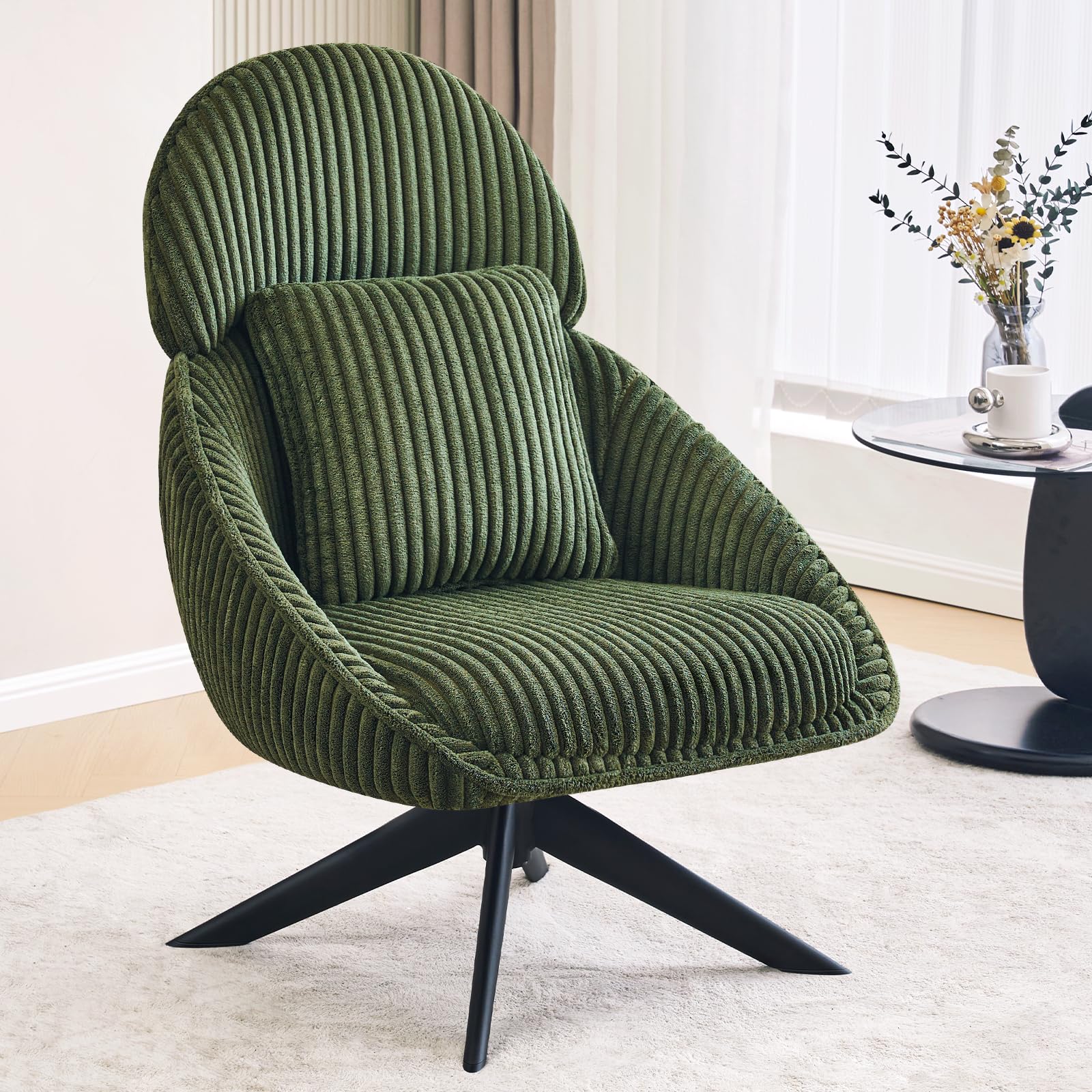 Furniliving Modern Upholstered Swivel Accent Chair - Green Corduroy Armchair with Headrest & Metal Legs for Living Room, Bedroom, Office | Comfortable Lounge Chair with Pillow for Relaxing, Reading & Entertaining