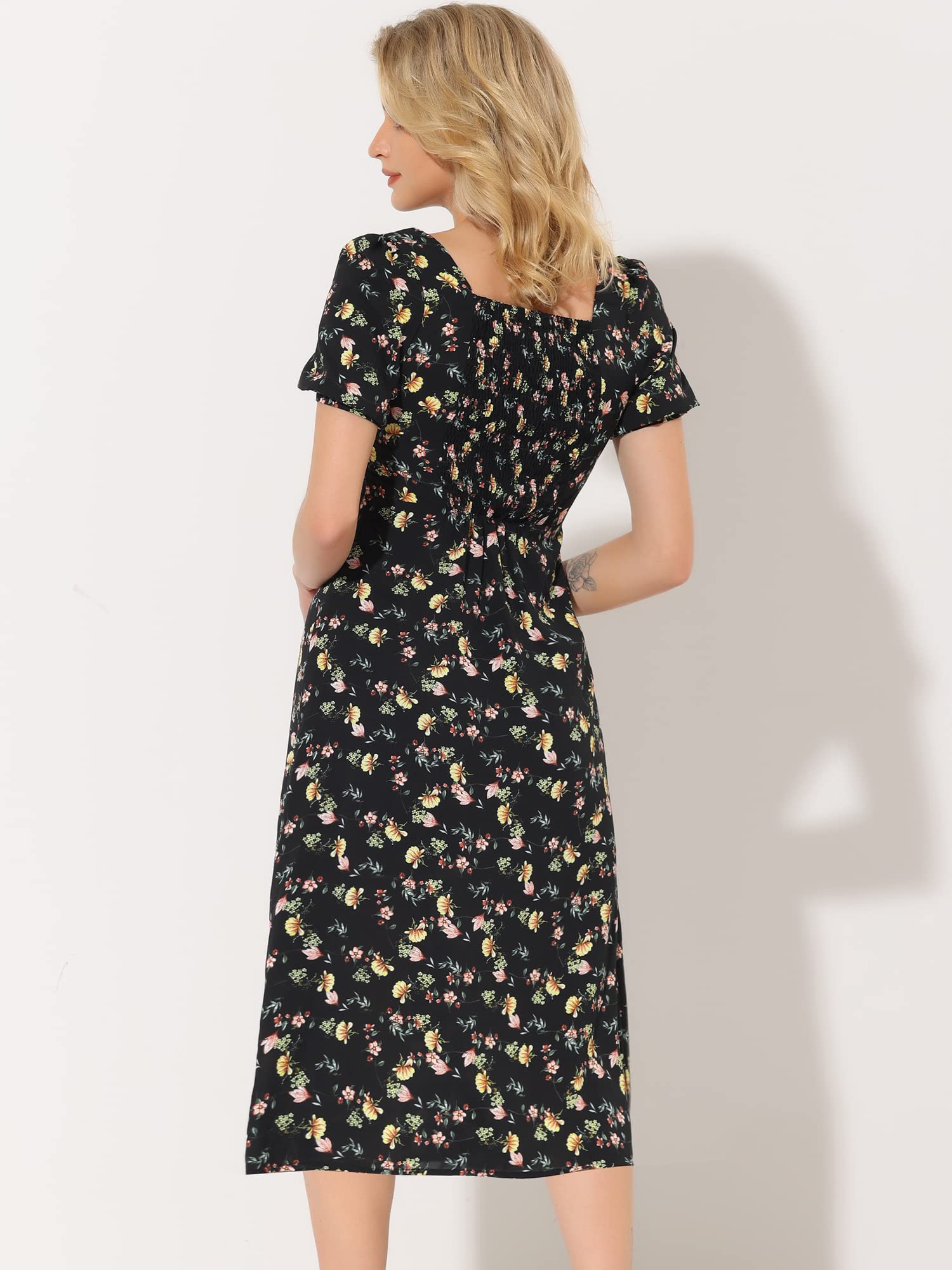 Allegra K Women's Floral Summer Dress - Square Neck, Puff Short Sleeve, Side Split Midi Dress for Casual Outings, Beach Vacations & Date Nights