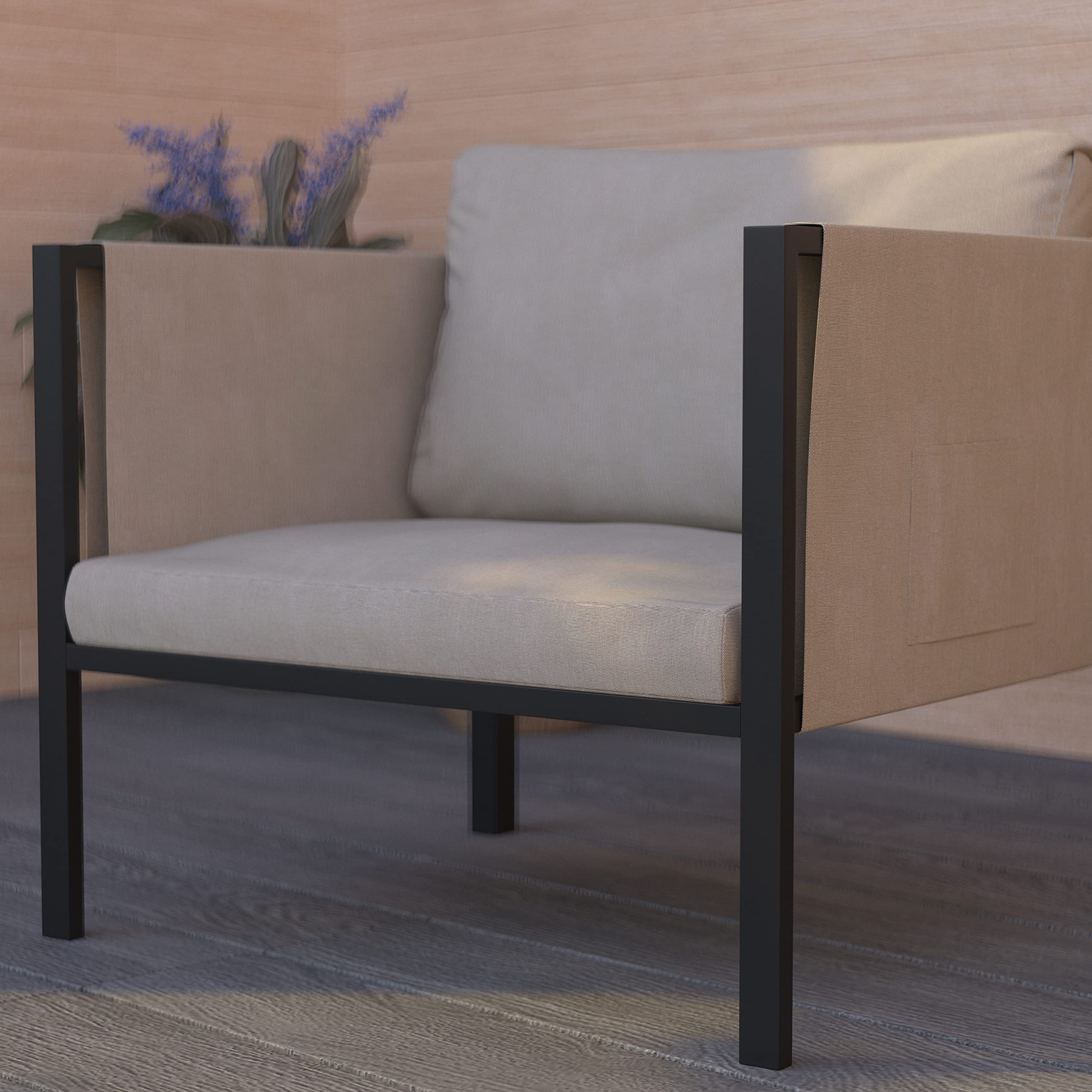Merrick Lane Cape Cod Outdoor Patio Chair with Beige Removable Cushions - Black Steel Frame Single Seat - Perfect for Backyard, Poolside & Garden Relaxation