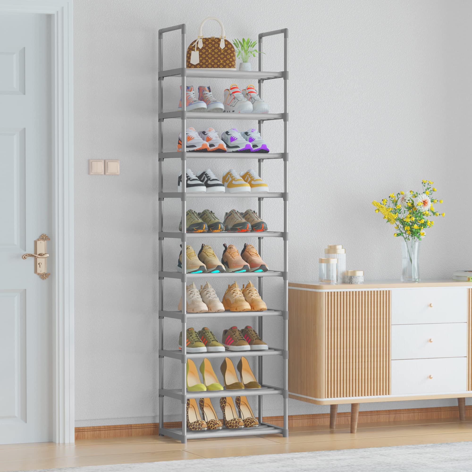 10-Tier Metal Shoe Rack Organizer - Space Saving Narrow Shoe Shelf for Closet, Entryway, Bedroom & Garage - Durable Steel Shoe Storage Solution (Silver) - Perfect for Small Spaces & Shoe Collection Organization