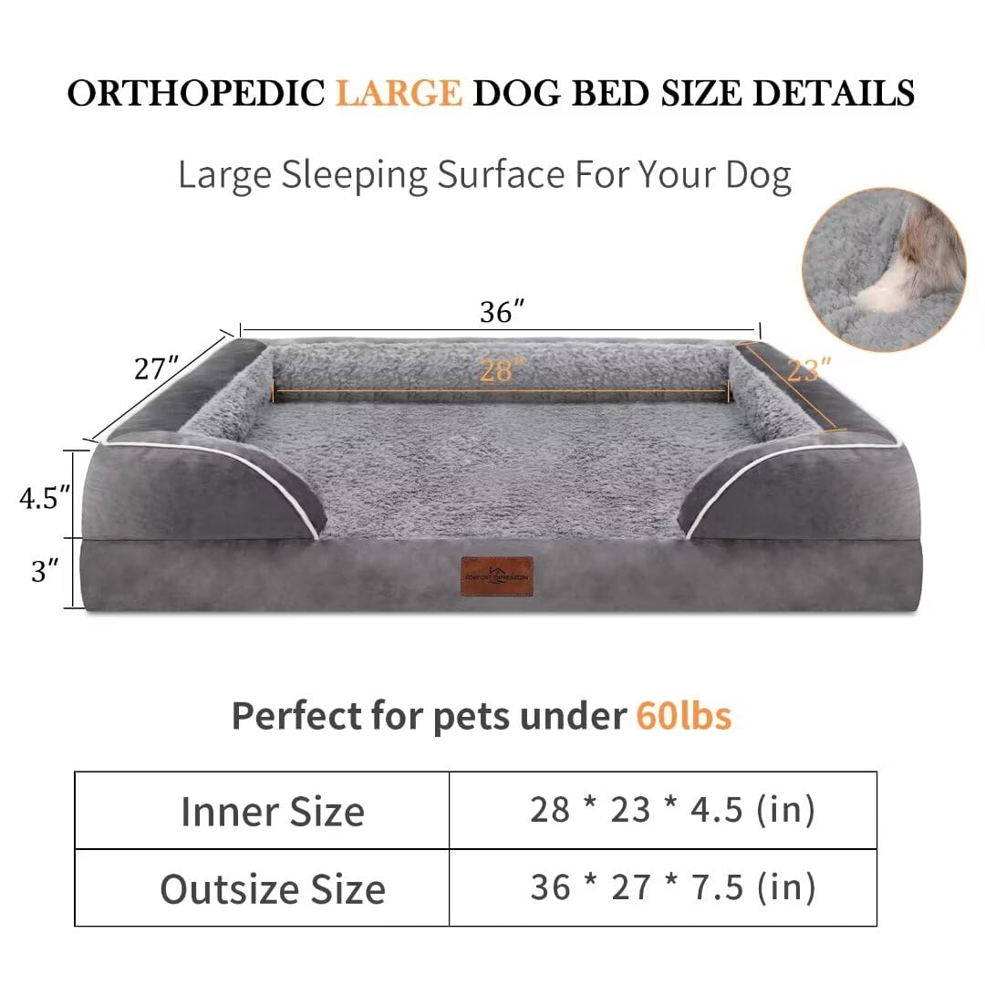 Premium Orthopedic Dog Bed for Large Dogs - Waterproof, Washable Removable Cover & Non-Slip Bottom - Extra Comfort Foam Support - Perfect for Living Room, Bedroom or Crate (Large Size, Grey)