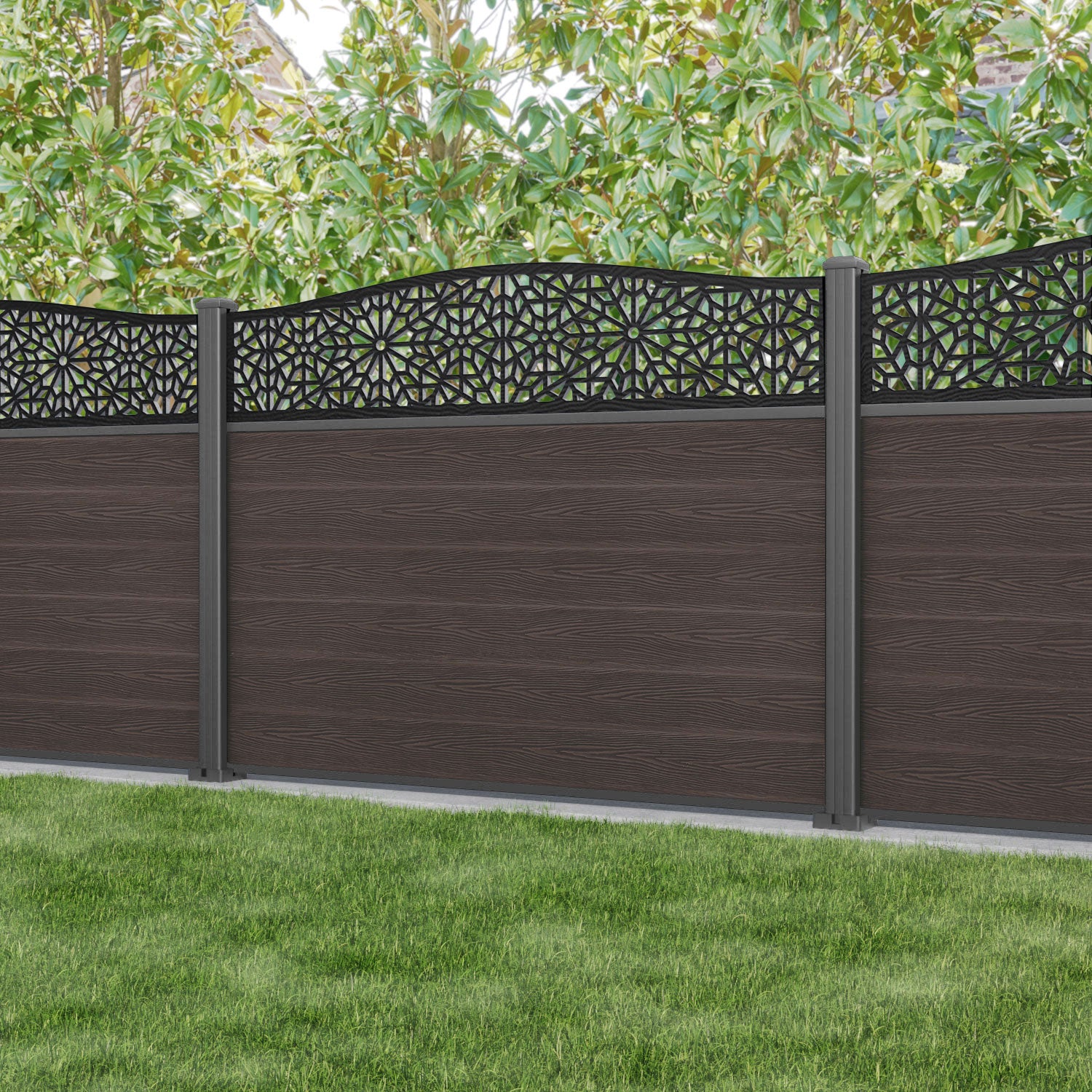 Classic Alnara Curved Top Fence Panel - Mid Brown - Durable Aluminum Posts - Perfect for Garden, Backyard, and Privacy Fencing