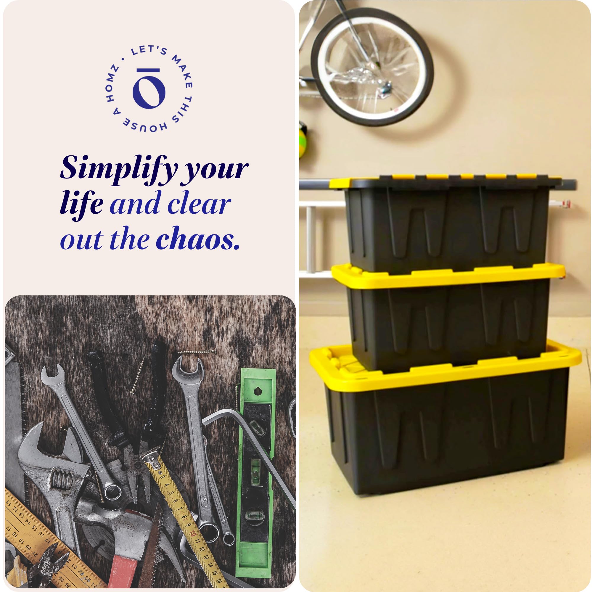 HOMZ 2-Pack 34 Gallon Heavy Duty Plastic Storage Bins with Secure Lids - Black/Yellow - Durable Stackable Containers for Garage Organization, Home Storage & Moving Supplies