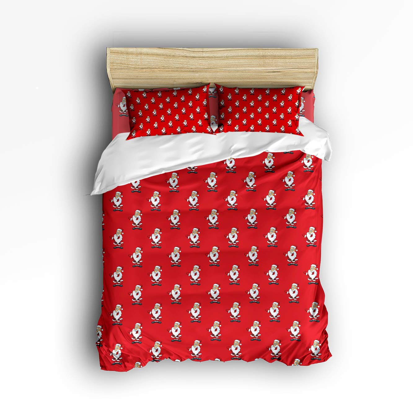 Lazone Queen Size 4-Piece Duvet Cover Set with Funny Santa Claus Pattern - Merry Christmas & Happy New Year Red Bedding Set (Includes 1 Comforter Cover, 1 Flat Sheet, 2 Pillowcases) - Perfect for Holiday Decor, Guest Rooms & Cozy Winter Nights