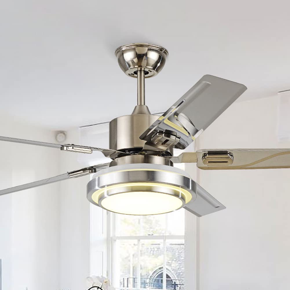 42 Inch Brushed Nickel Ceiling Fan with 5 Stainless Steel Blades, Dimmable LED Light & Remote Control - Ultra Quiet Reversible Motor for Bedroom, Dining Room & Living Room Cooling
