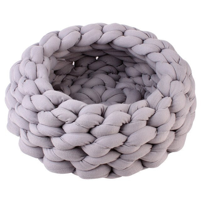 Premium Chunky Cotton Braided Knit Dog Bed - Soft Grey Washable Pet Couch for Small & Medium Dogs - Cozy Sleeping Spot for Bedroom, Living Room & Travel