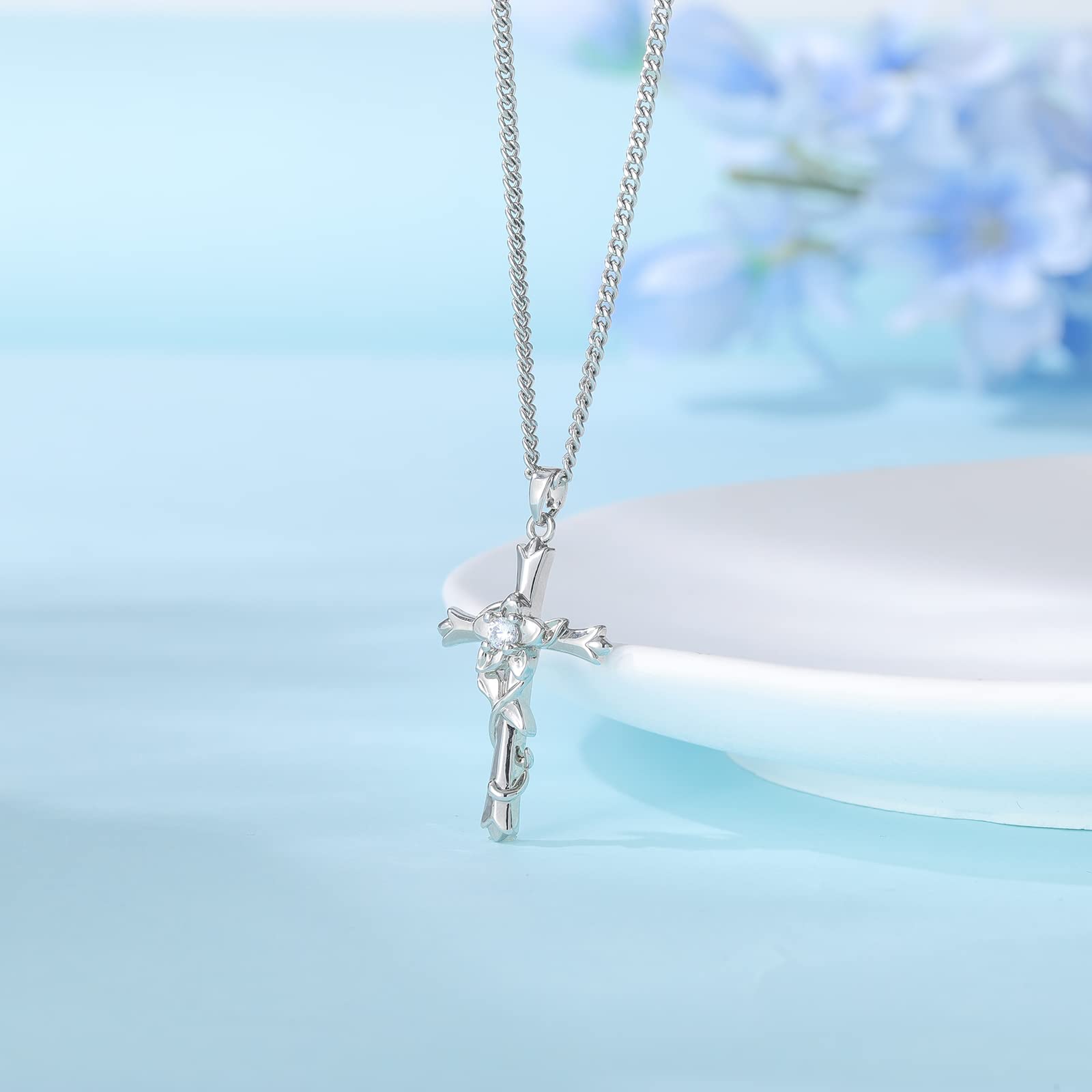 ACECHA Silver Faith Cross Necklace for Women - Birthstone & Flower Pendant Jewelry Gift for Wife, Teen Girls | Perfect for Birthday, Anniversary & Religious Occasions