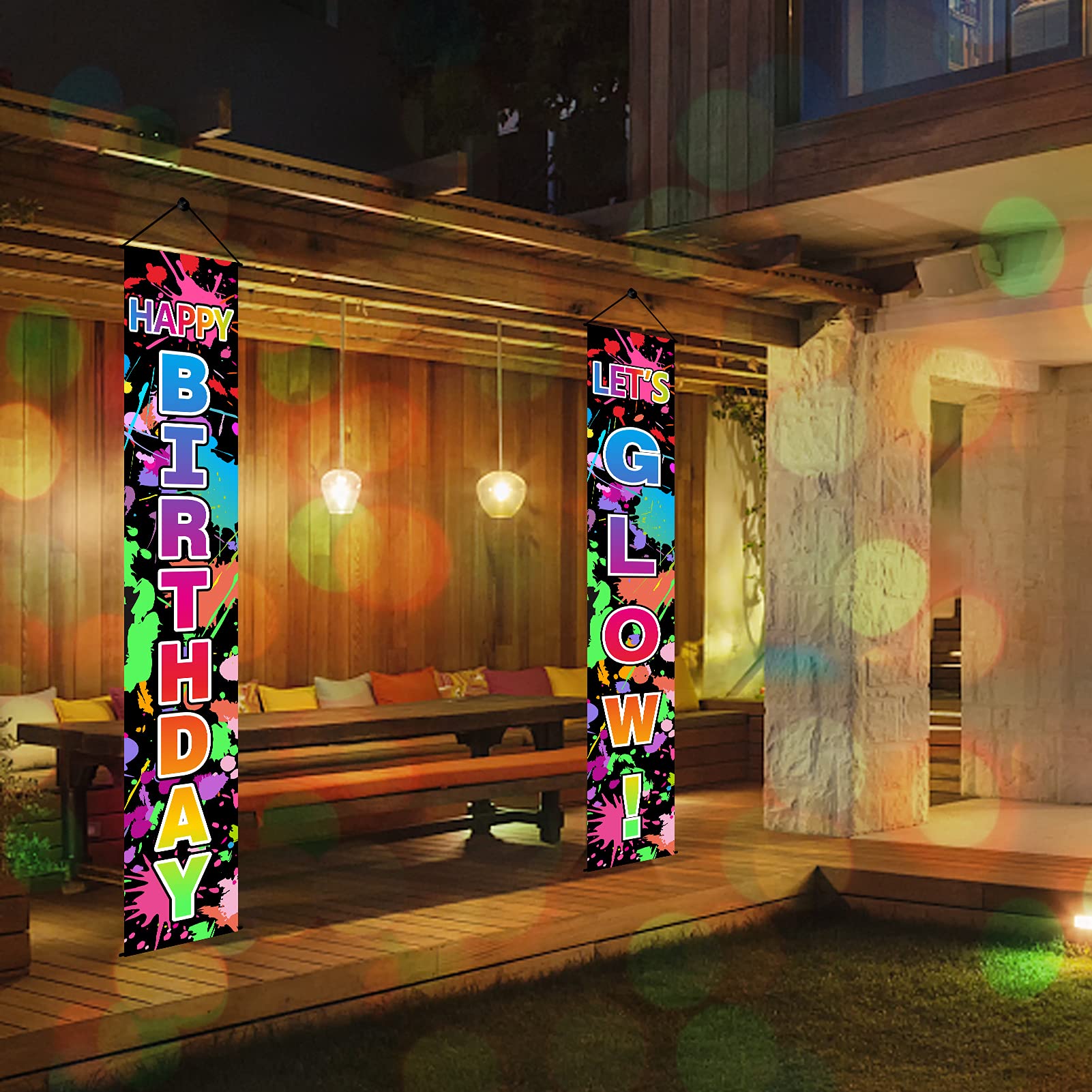 Glow in the Dark Neon Birthday Party Decorations - Happy Birthday Door Banner & Photography Backdrop - Perfect for Glow Themed Parties, Nighttime Celebrations, and Porch Photo Shoots