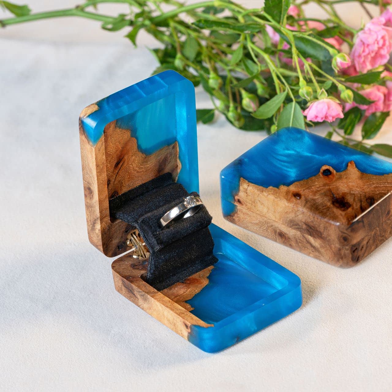 Unique Wooden RWA Proposal Ring Box - Elegant Marry Me Ring Case & Wedding Bearer Box - Slim Travel Jewelry Organizer for Engagement Rings - Perfect Engagement Gift for Women - FLIP Design (Blue/Dark) - Ideal for Proposals, Wedding Ceremonies & Jewelry Storage