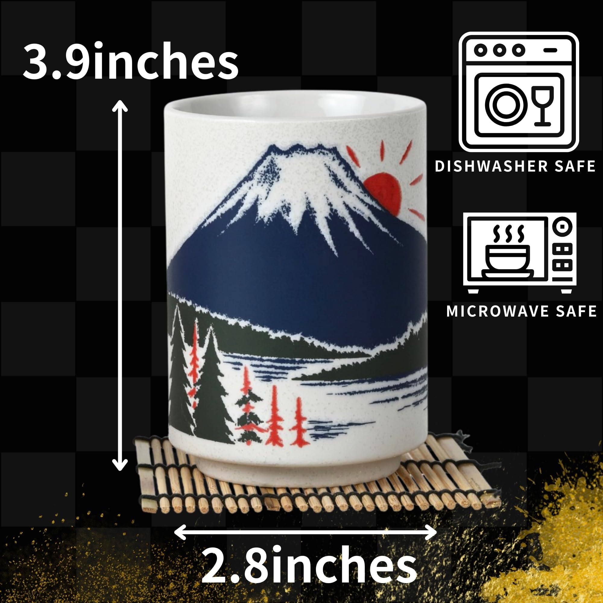 Premium Japanese Tea Cups Set - Authentic Sushi-Yunomi Mino Ware with Bamboo Coaster (2-Piece, Mt. Fuji Design) - Perfect for Matcha, Sencha & Traditional Tea Ceremonies