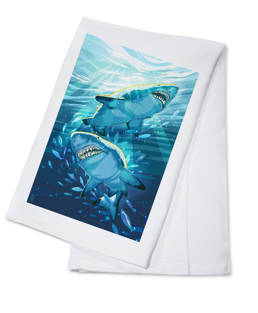 Stylized Tiger Sharks Cotton Tea Towel - 100% Soft Absorbent Kitchen Hand Towel for Dish Drying & Decorative Home Use - Perfect for Cooking, Cleaning, and Bathroom Decor
