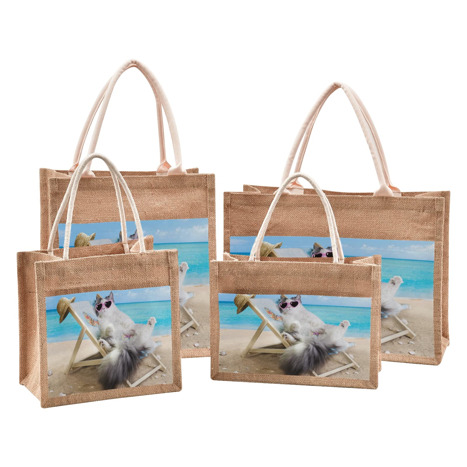 Ocean Sea Beach Themed Cat Jute Tote Bag for Women - Eco-Friendly Grocery Shopping Bag with Handles - 12.6 x 16.9 x 7.1 Inches - Perfect for Beach Trips, Travel & Outdoor Adventures