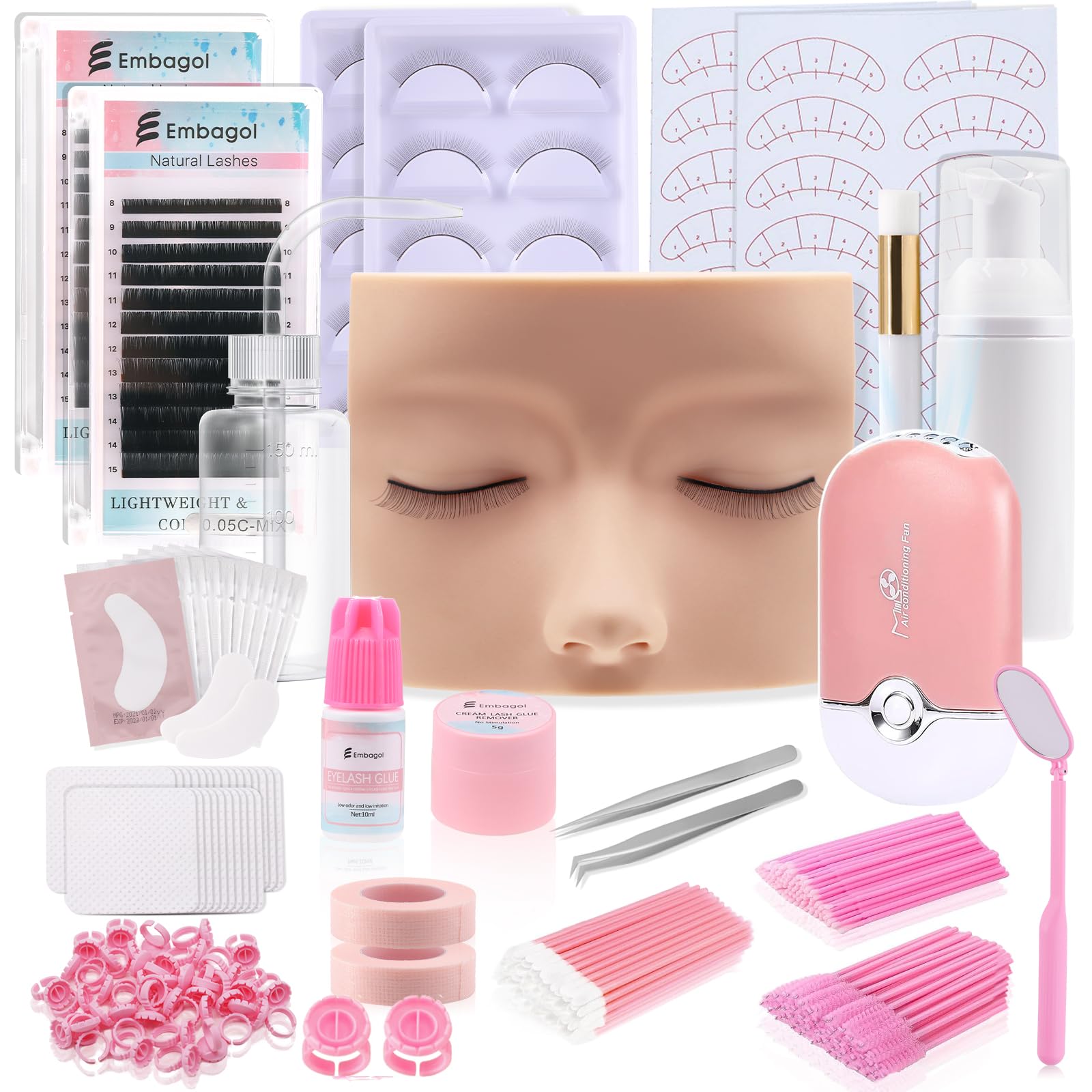 Professional Eyelash Extension Practice Kit for Beginners - Complete Training Set with Mannequin Head, Lash Fan, Shampoo, Adhesive, Glue Rings & Mirror | Perfect for Salon Training, Home Practice & Beauty School Certification Prep