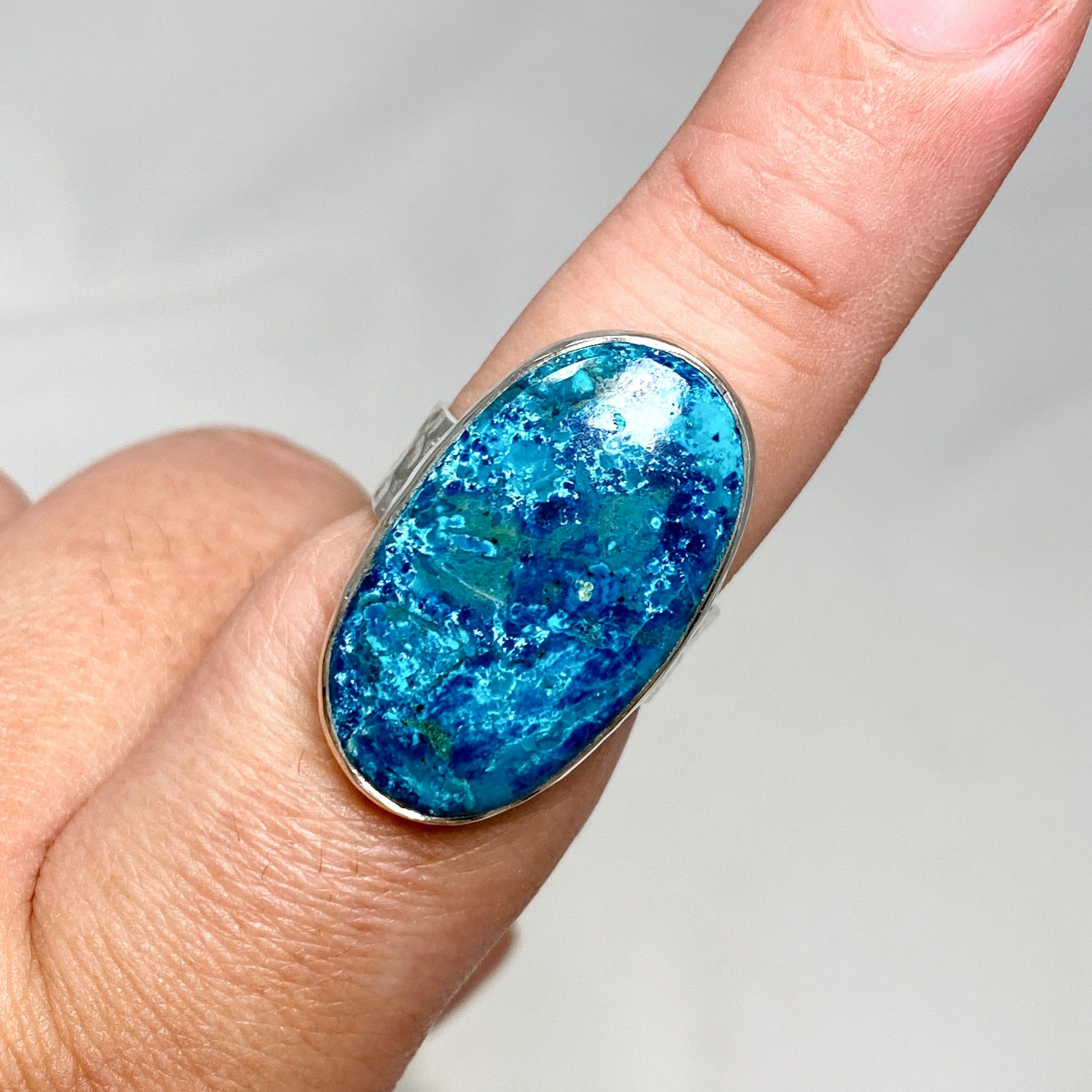 Shattuckite Oval Ring with Hammered Band - Size 8.5 KRGJ3229 | Handmade Bohemian Jewelry for Women, Spiritual Healing Crystal Gift for Meditation & Energy Work