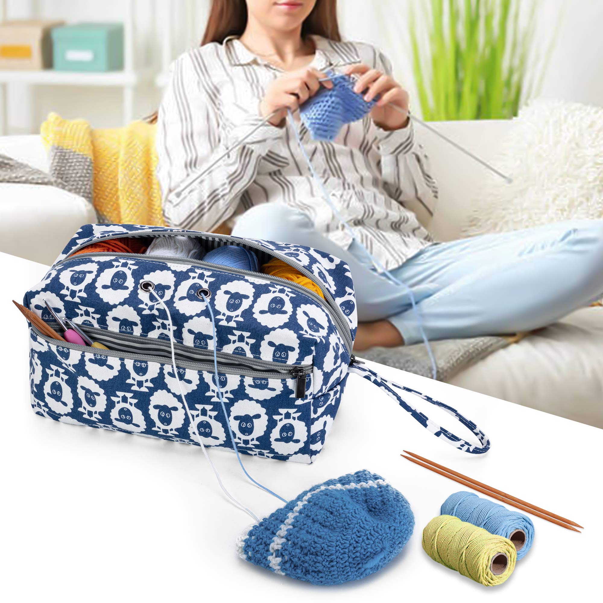 Luxja Large Yarn Storage Bag - Knitting & Crochet Organizer for Yarn Skeins, Hooks, Needles (up to 10 Inches) - Portable Craft Carrier with Sheep Design - Perfect for Knitting Projects at Home or Travel