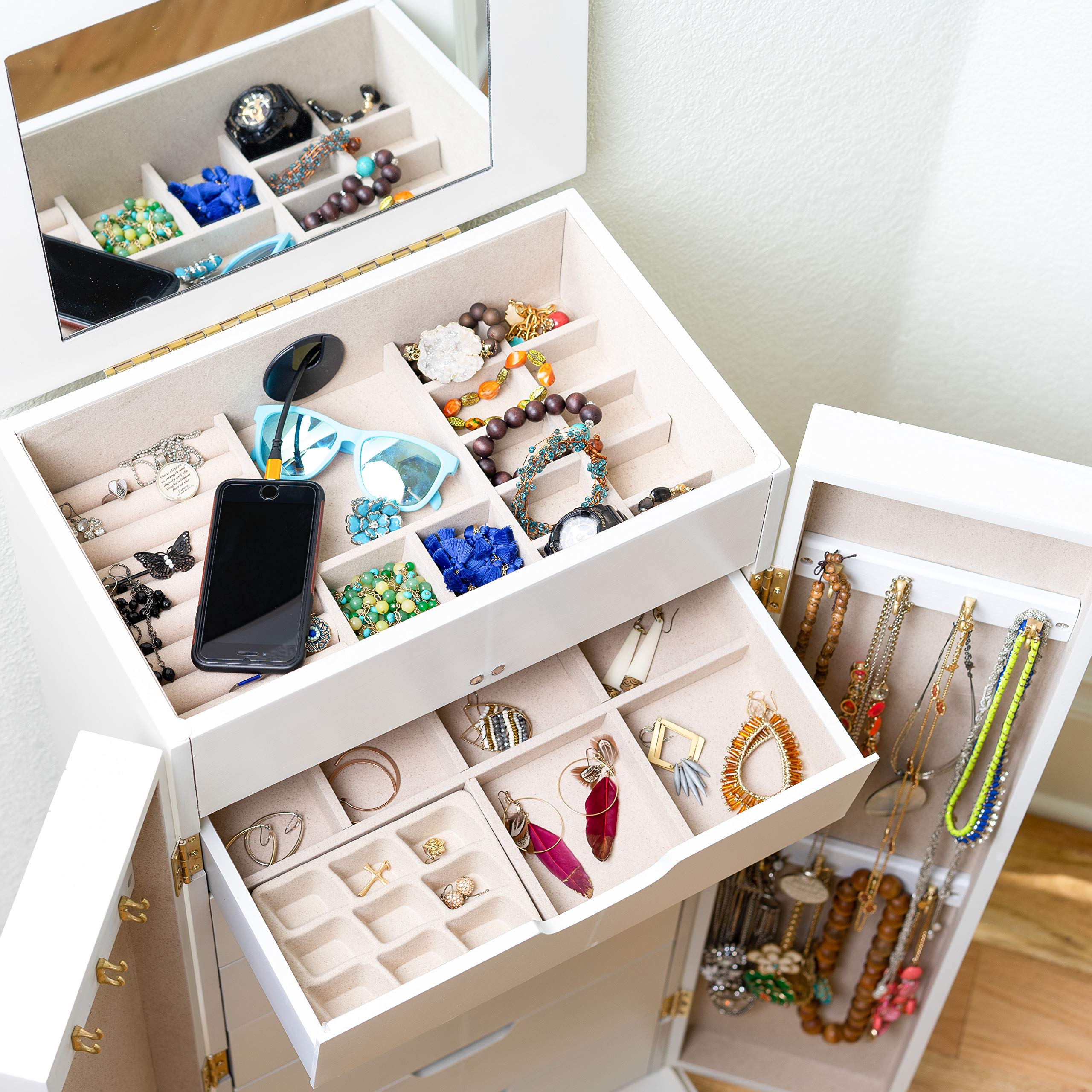 Hives & Honey Meadow Standing Jewelry Armoire Cabinet - White Jewelry Storage Organizer with Flip Mirror, 2 Doors & 7 Drawers for Necklaces, Earrings, Bracelets | Perfect for Bedroom, Closet & Dressing Room Organization