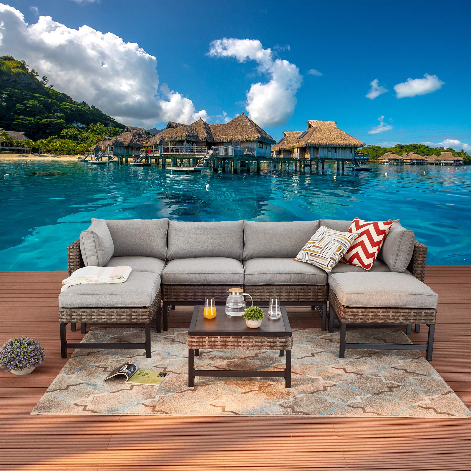 7-Piece Patio Outdoor Furniture Set - Wicker Sectional Sofa with Chairs, Ottoman, Coffee Table & Soft Cushions (Grey) - Perfect for Garden, Poolside & Backyard Relaxation