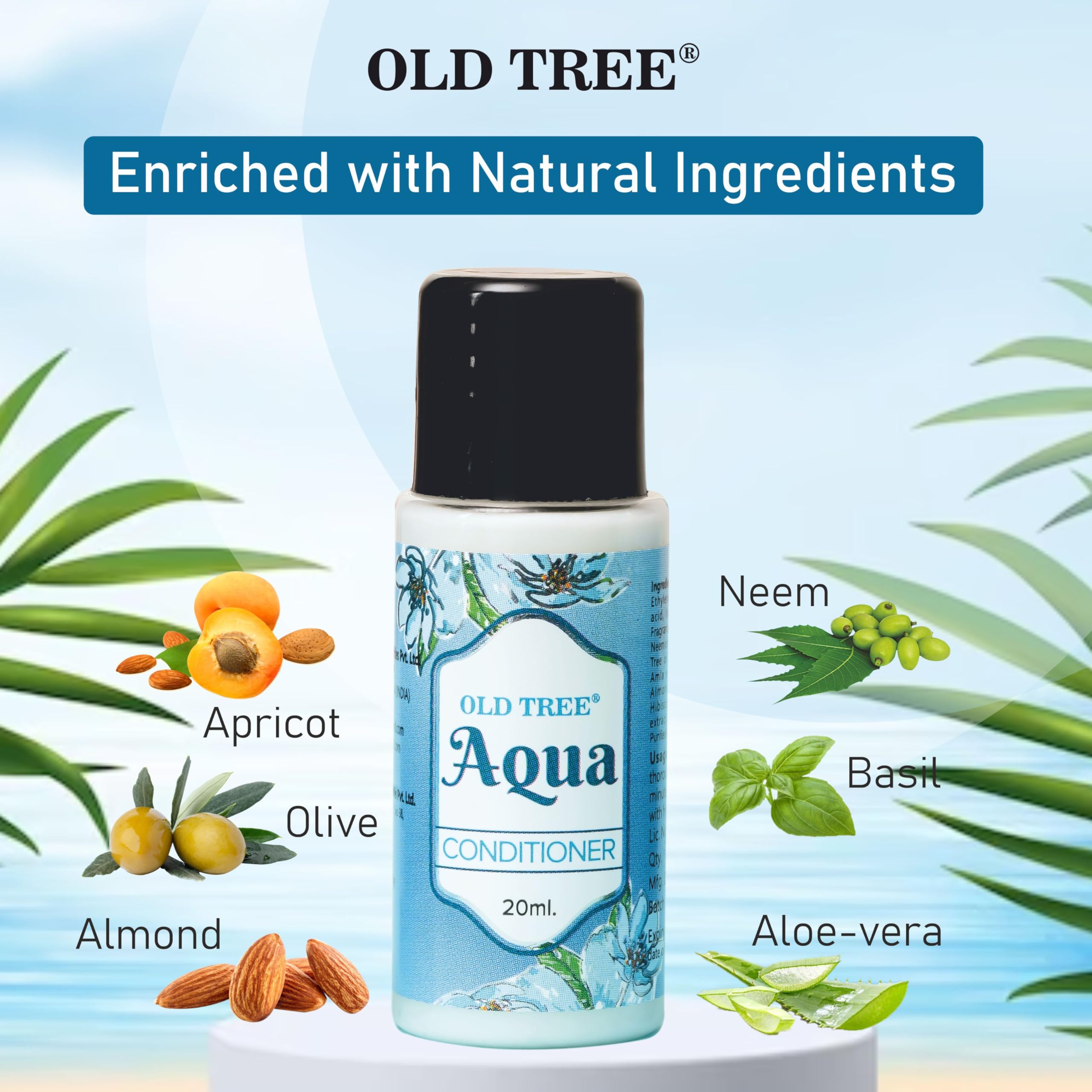 Old Tree Aqua Hair Conditioner Travel Size 20ml (Pack of 100) - Moisturizing & Frizz Control for Dry Hair | Hotel Amenities, Guest House Toiletries, Vacation Essentials | Perfect for Travel, Gym, Spa & Hospitality Industry