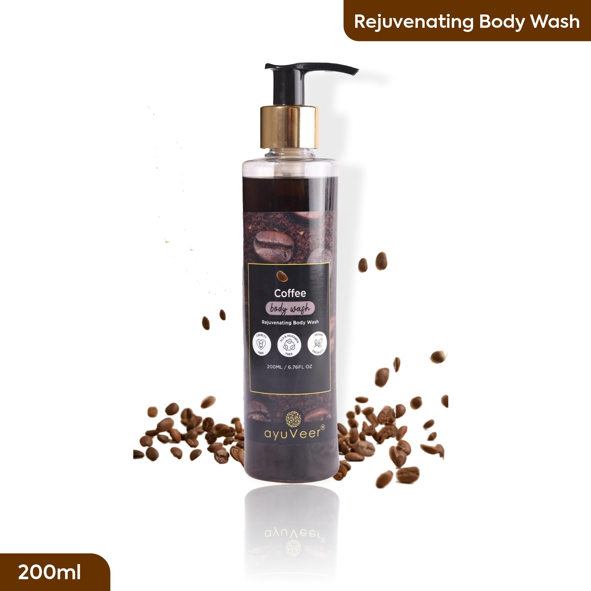 Ayuveer Coffee Body Wash for Soft Skin - Long Lasting Fragrance, Paraben Free, Exfoliating & Deep Cleansing Body Wash for Men & Women (200ml) | Perfect for Morning Shower, Spa Day & Post-Workout Refreshment