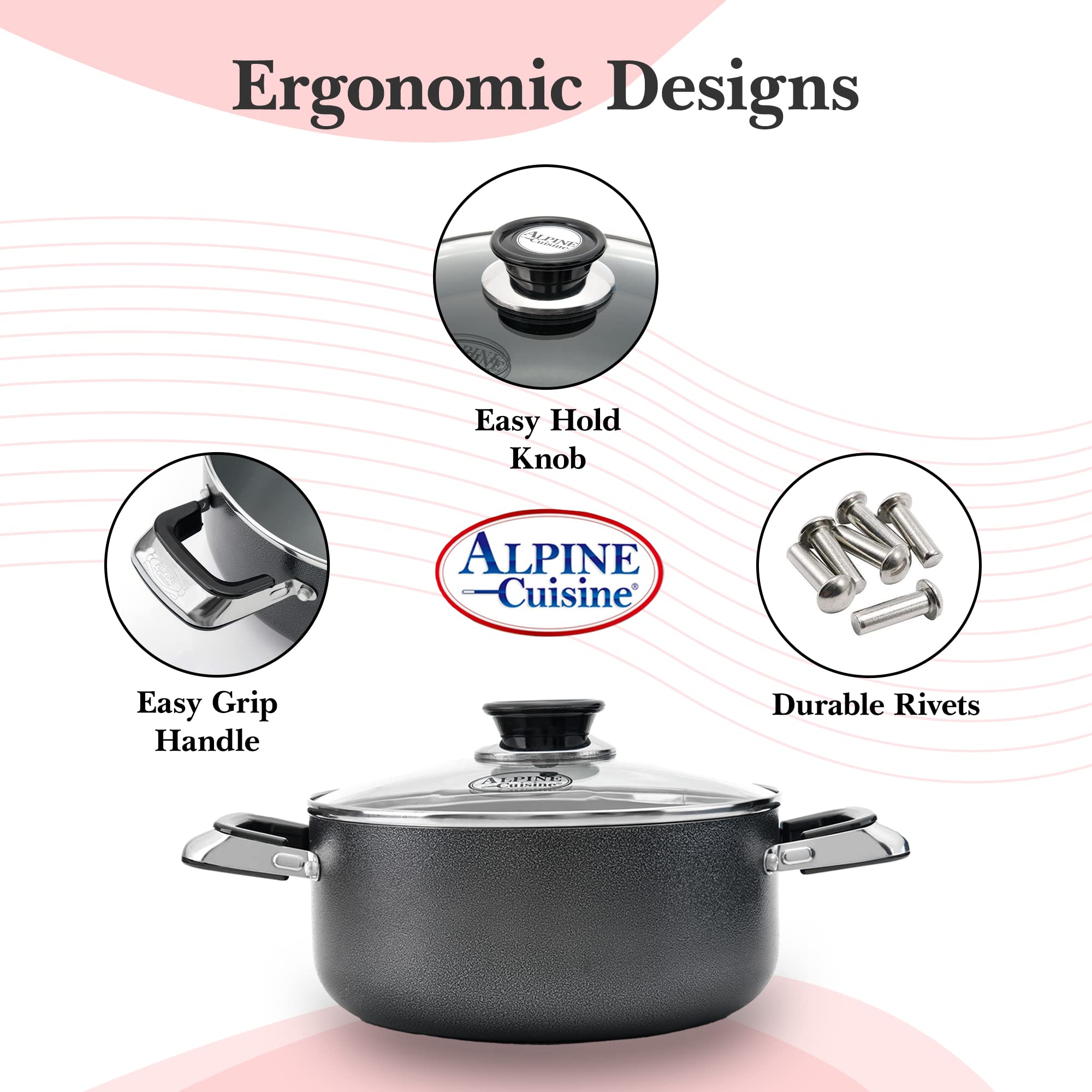 Alpine Cuisine 4 Quart Non-Stick Aluminum Dutch Oven with Tempered Glass Lid - Multi-Purpose Cookware for Braising, Boiling, Stewing - Perfect for Soups, Stews & Family Meals